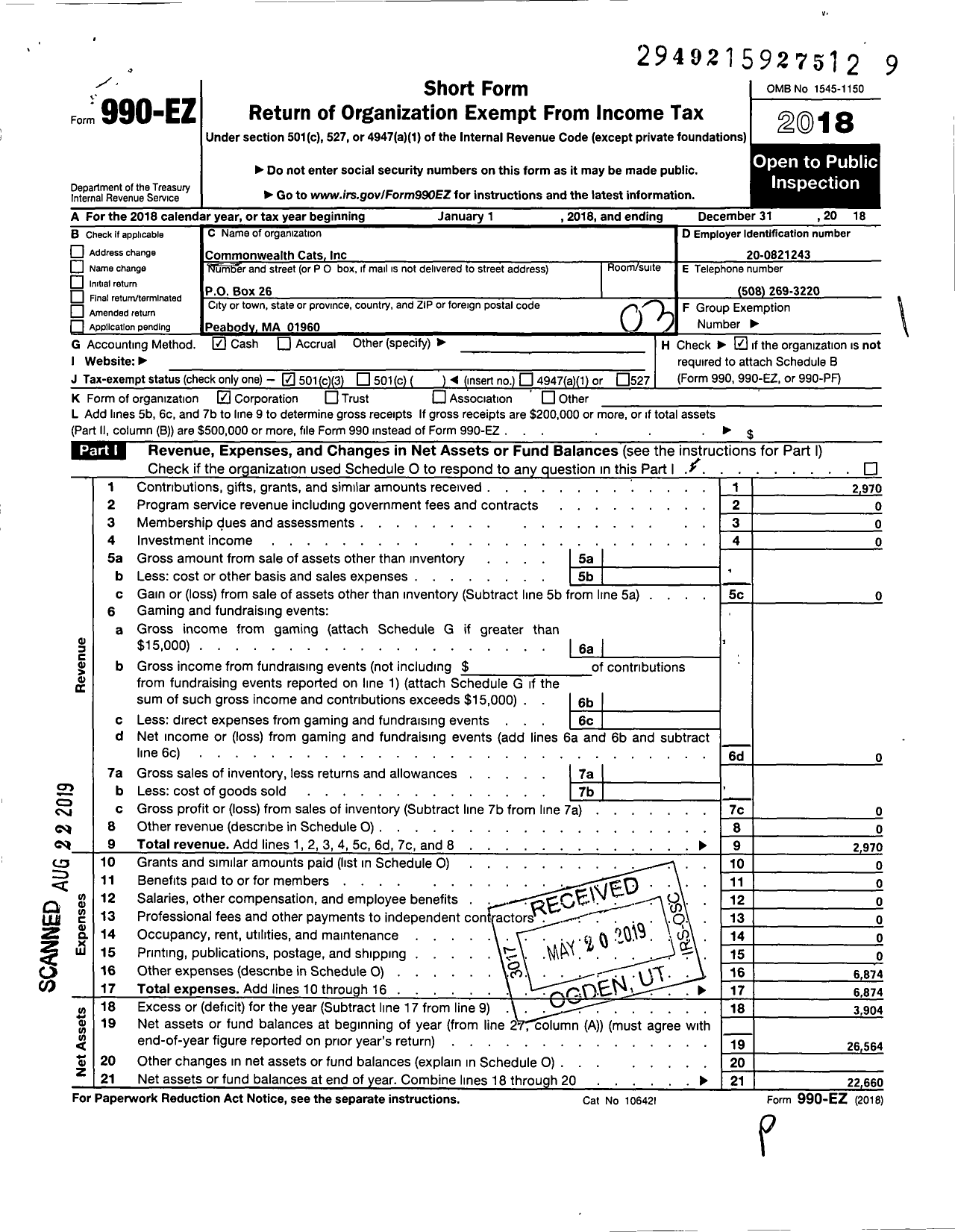 Image of first page of 2018 Form 990EZ for Commonwealth Cats