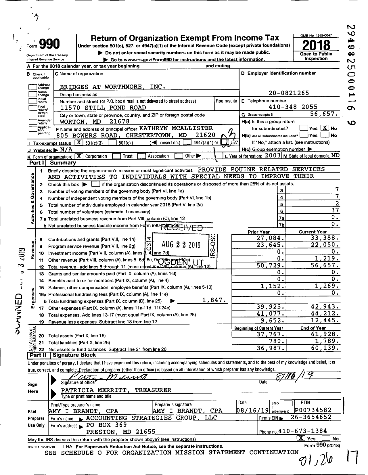 Image of first page of 2018 Form 990 for Bridges at Worthmore