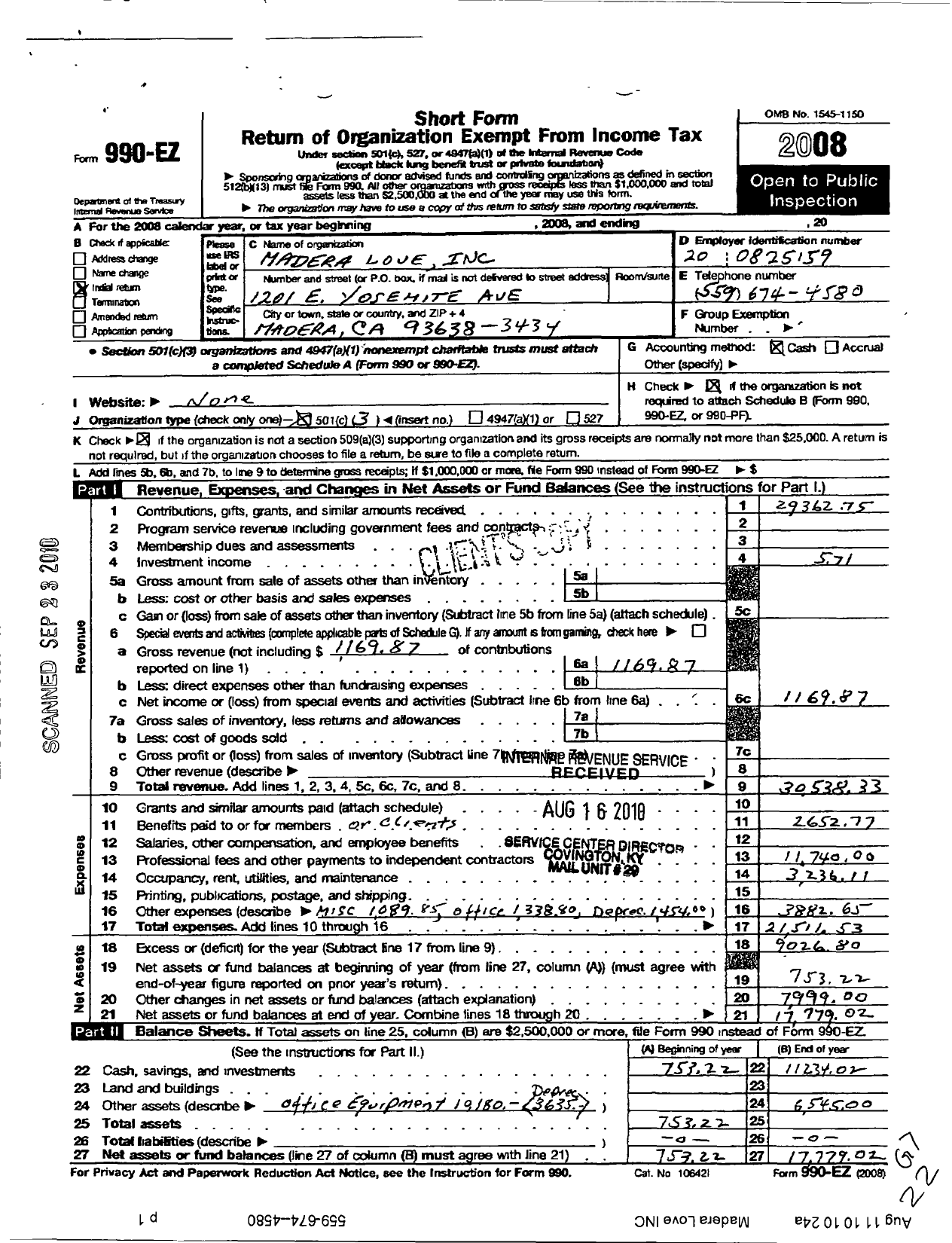 Image of first page of 2008 Form 990EZ for Madera Love