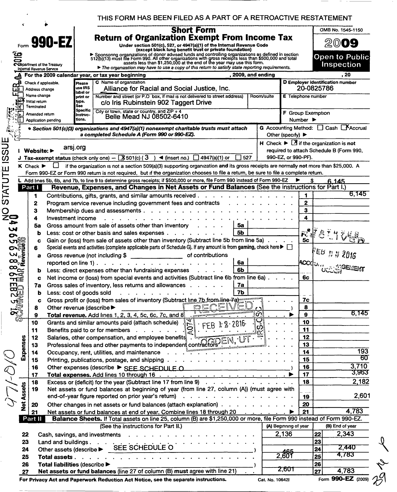 Image of first page of 2009 Form 990EZ for Alliance for Racial and Social Justicce