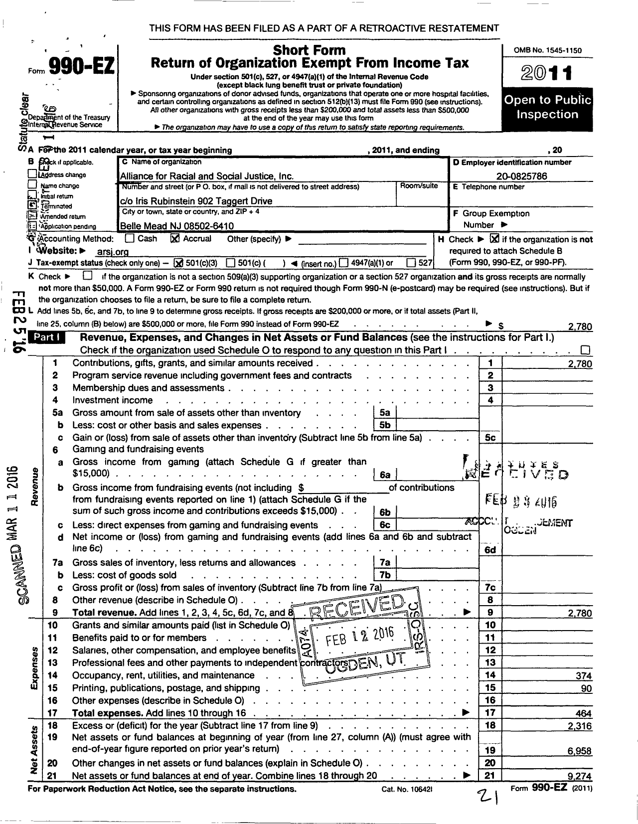 Image of first page of 2011 Form 990EZ for Alliance for Racial and Social Justicce