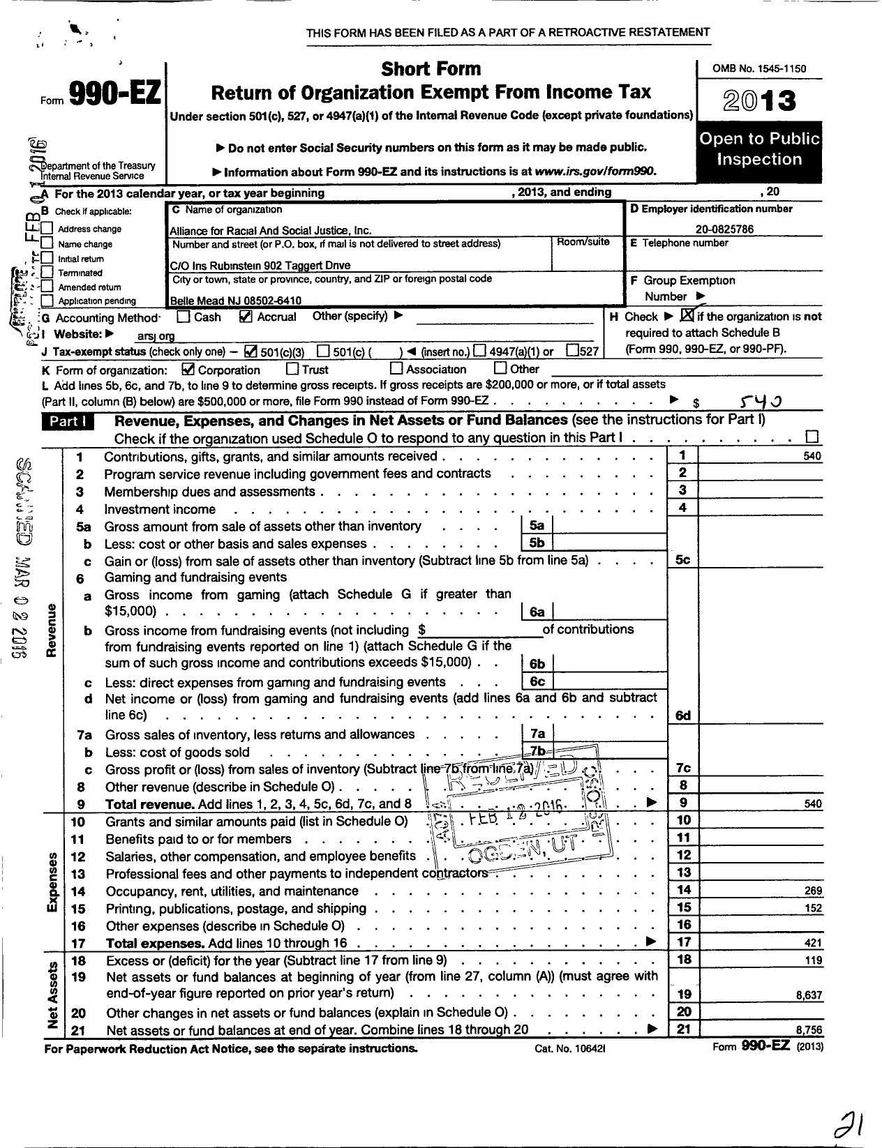 Image of first page of 2013 Form 990EZ for Alliance for Racial and Social Justicce