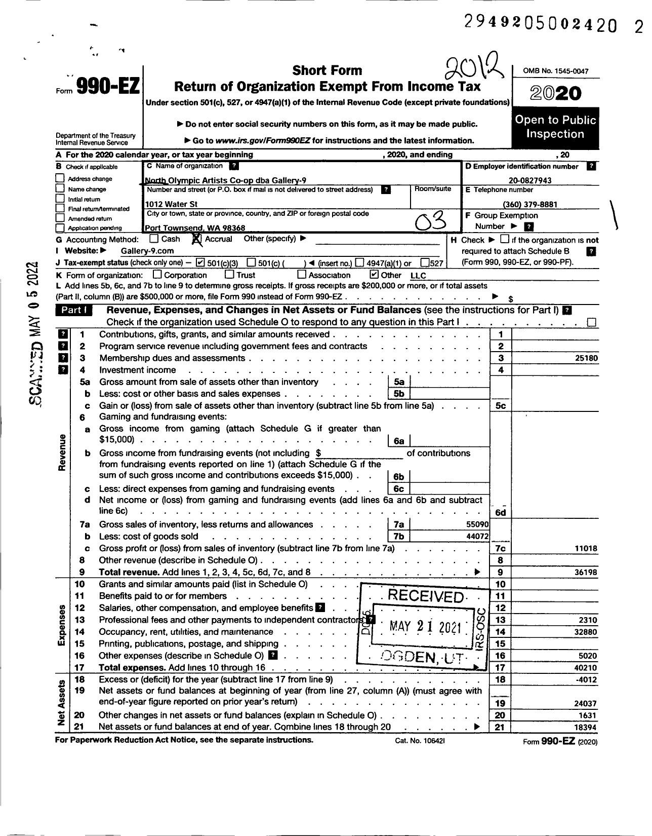 Image of first page of 2020 Form 990EZ for Gallery 9