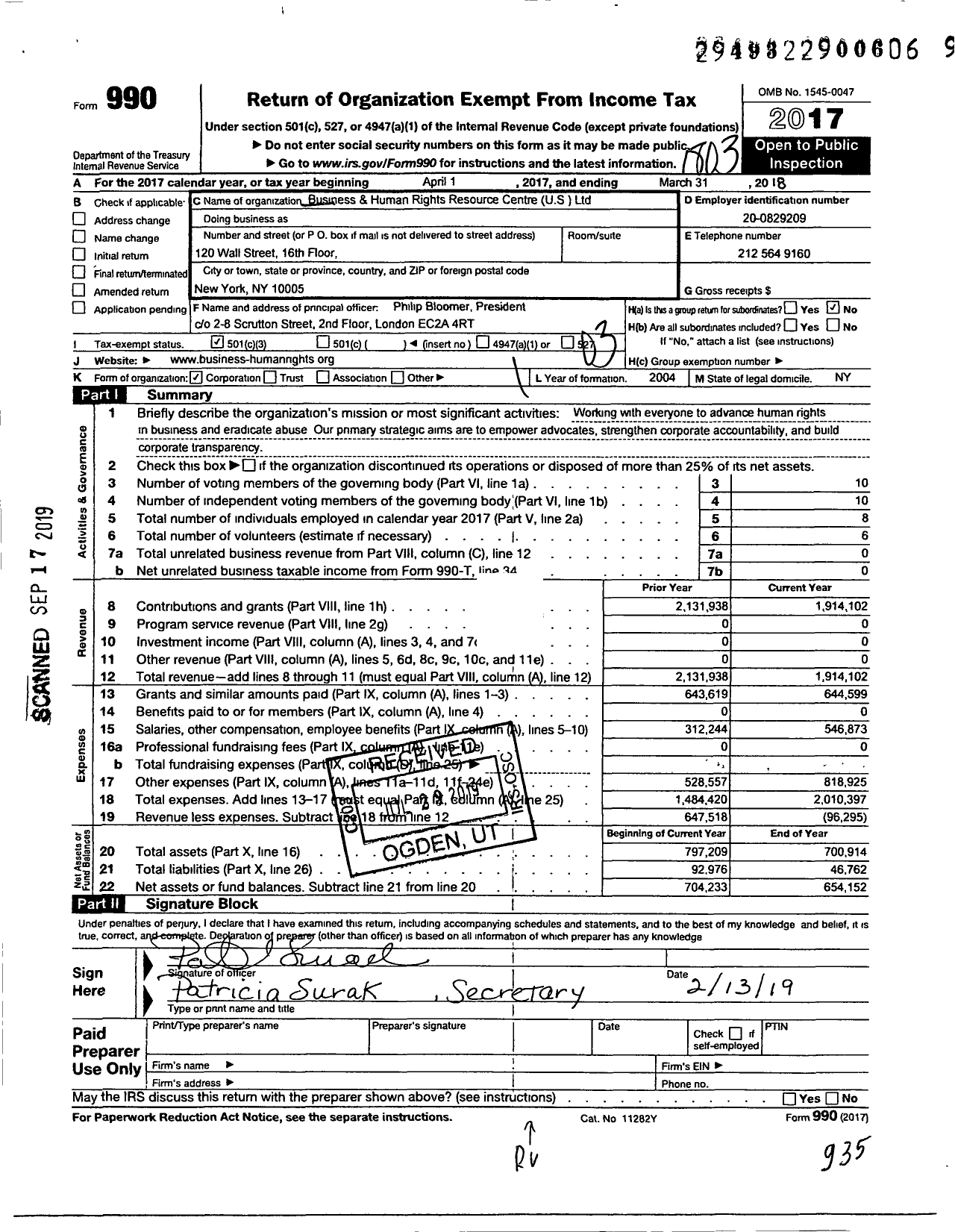 Image of first page of 2017 Form 990 for Business and Human Rights Resource Centre