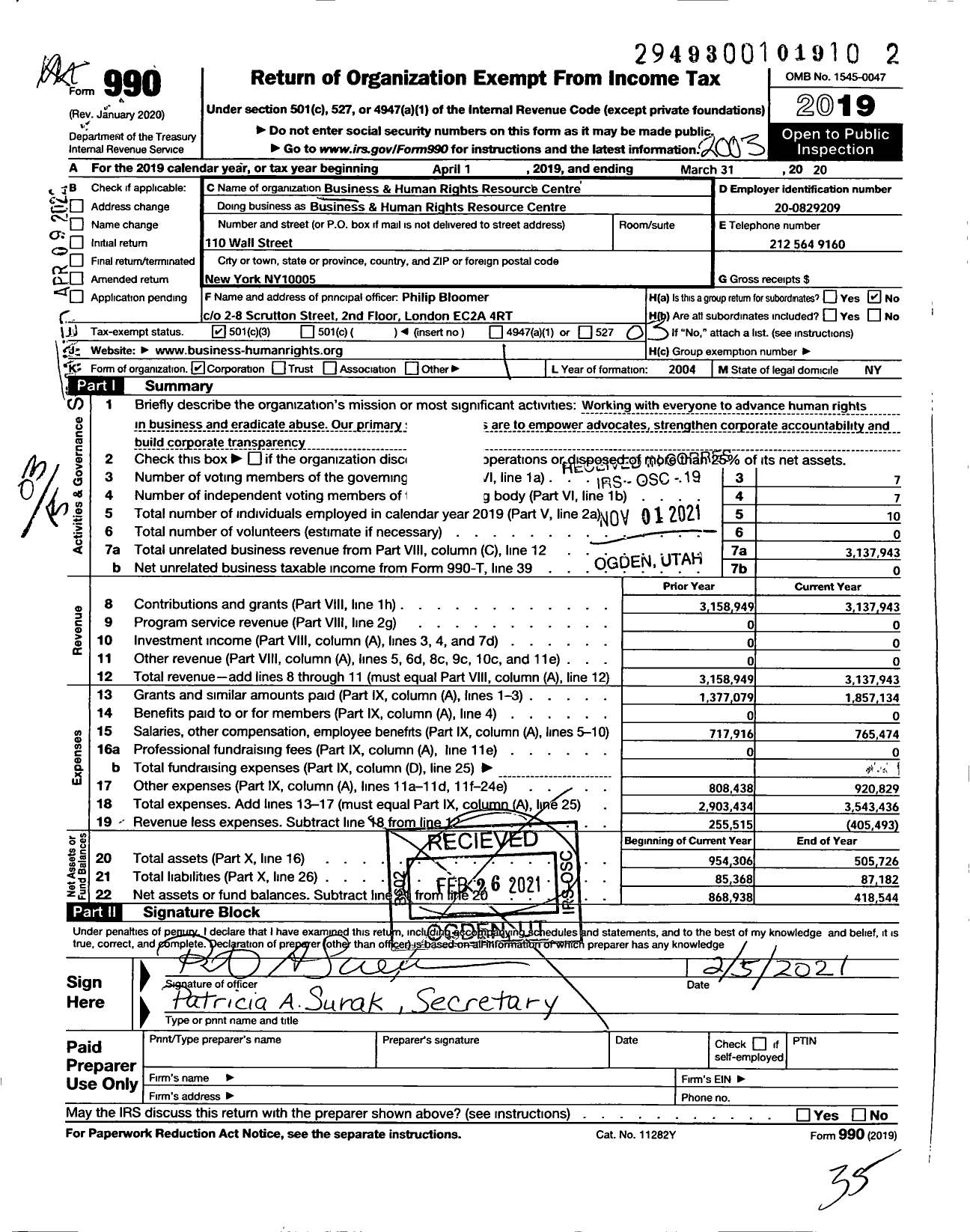 Image of first page of 2019 Form 990 for Business and Human Rights Resource Centre