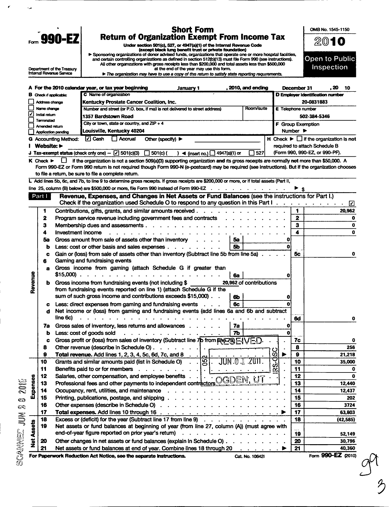 Image of first page of 2010 Form 990EZ for Kentucky Prostate Cancer Coalition