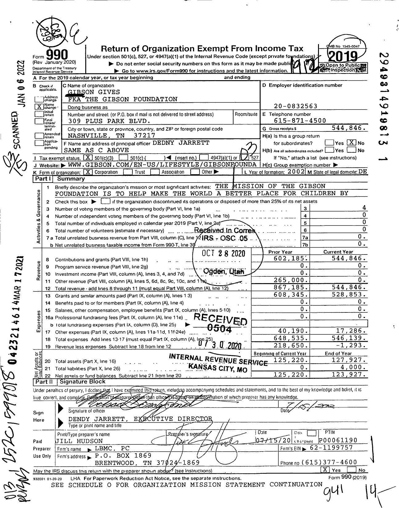 Image of first page of 2019 Form 990 for Gibson Gives