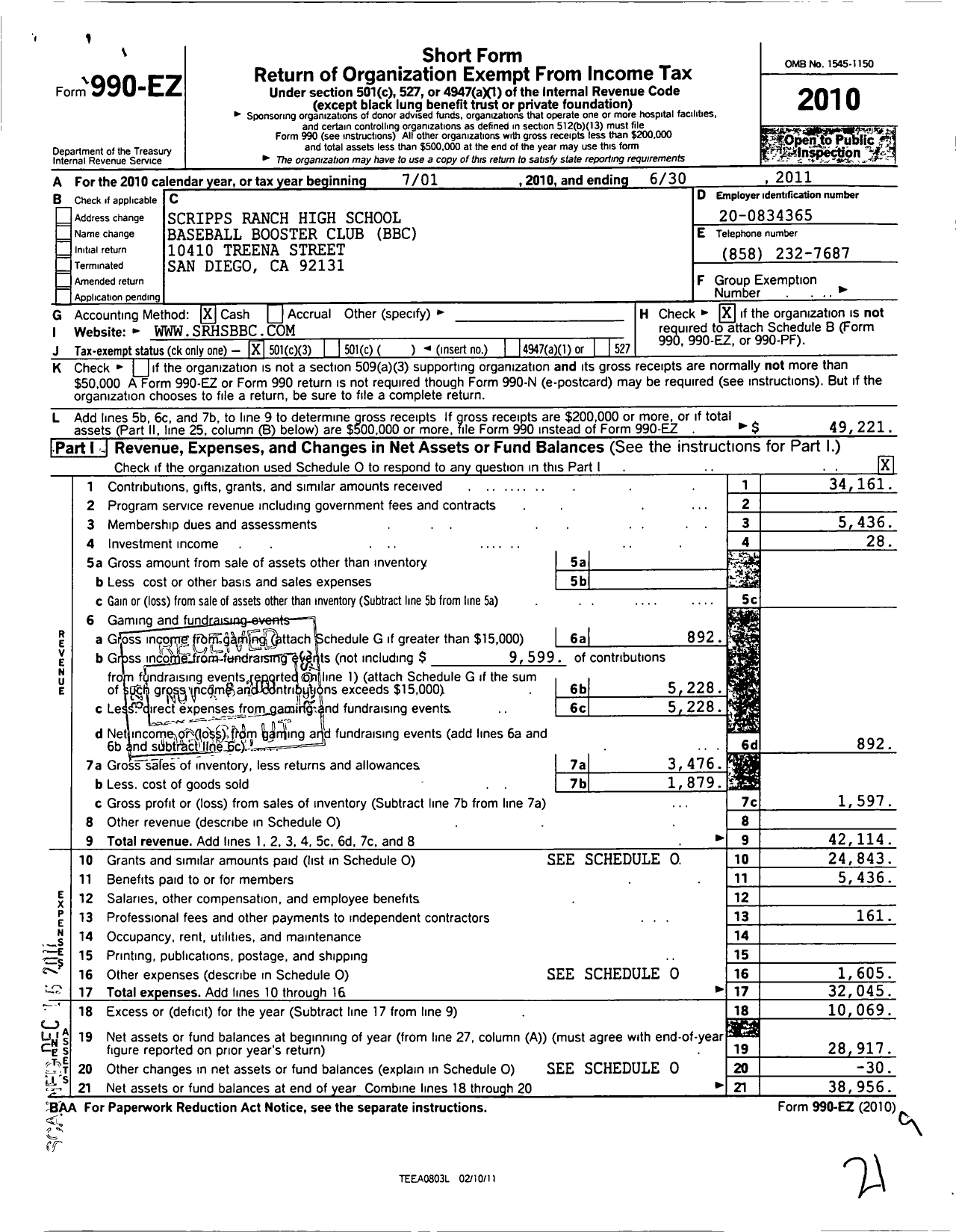 Image of first page of 2010 Form 990EZ for Scripps Ranch High School Baseball Booster Club