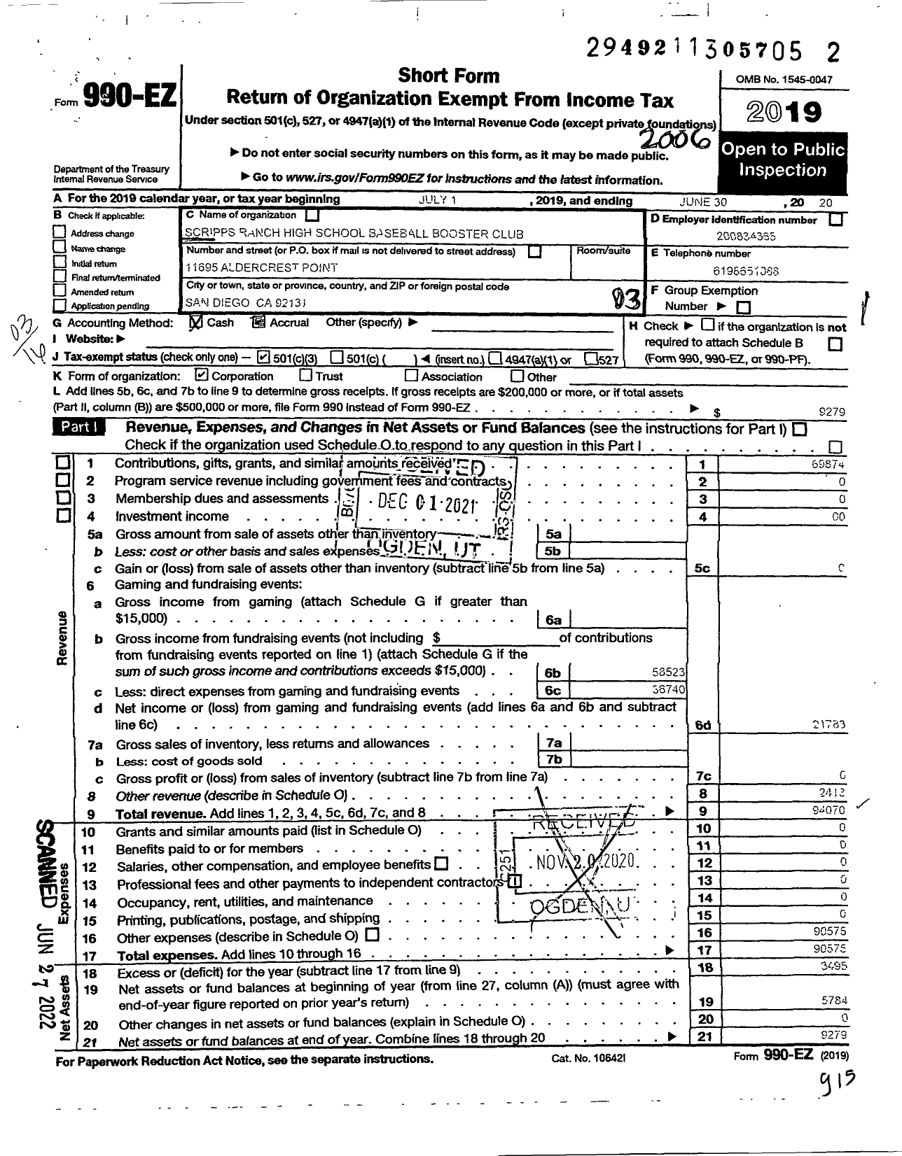 Image of first page of 2019 Form 990EZ for Scripps Ranch High School Baseball Booster Club