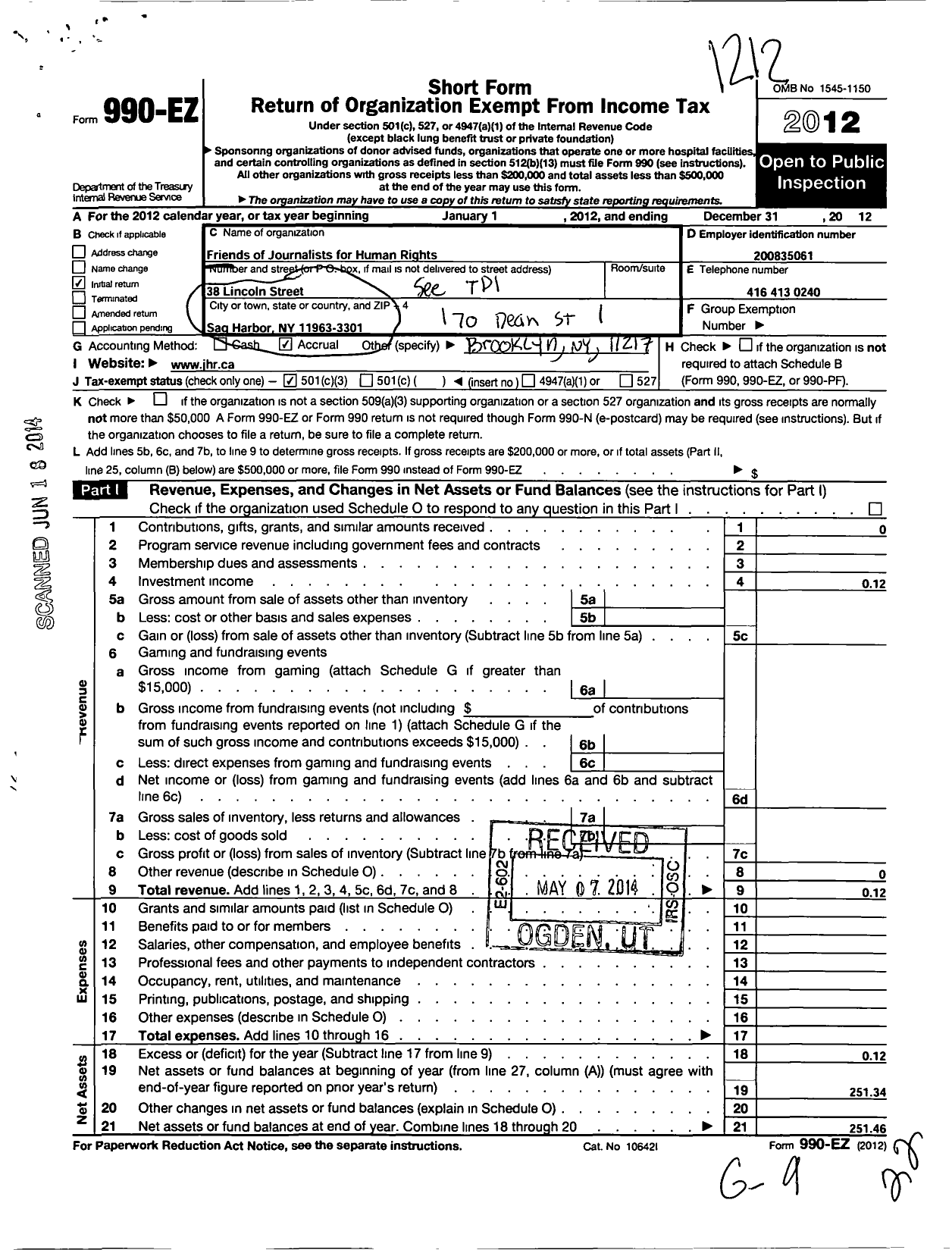 Image of first page of 2012 Form 990EZ for Friends of Journalists for Human Rights