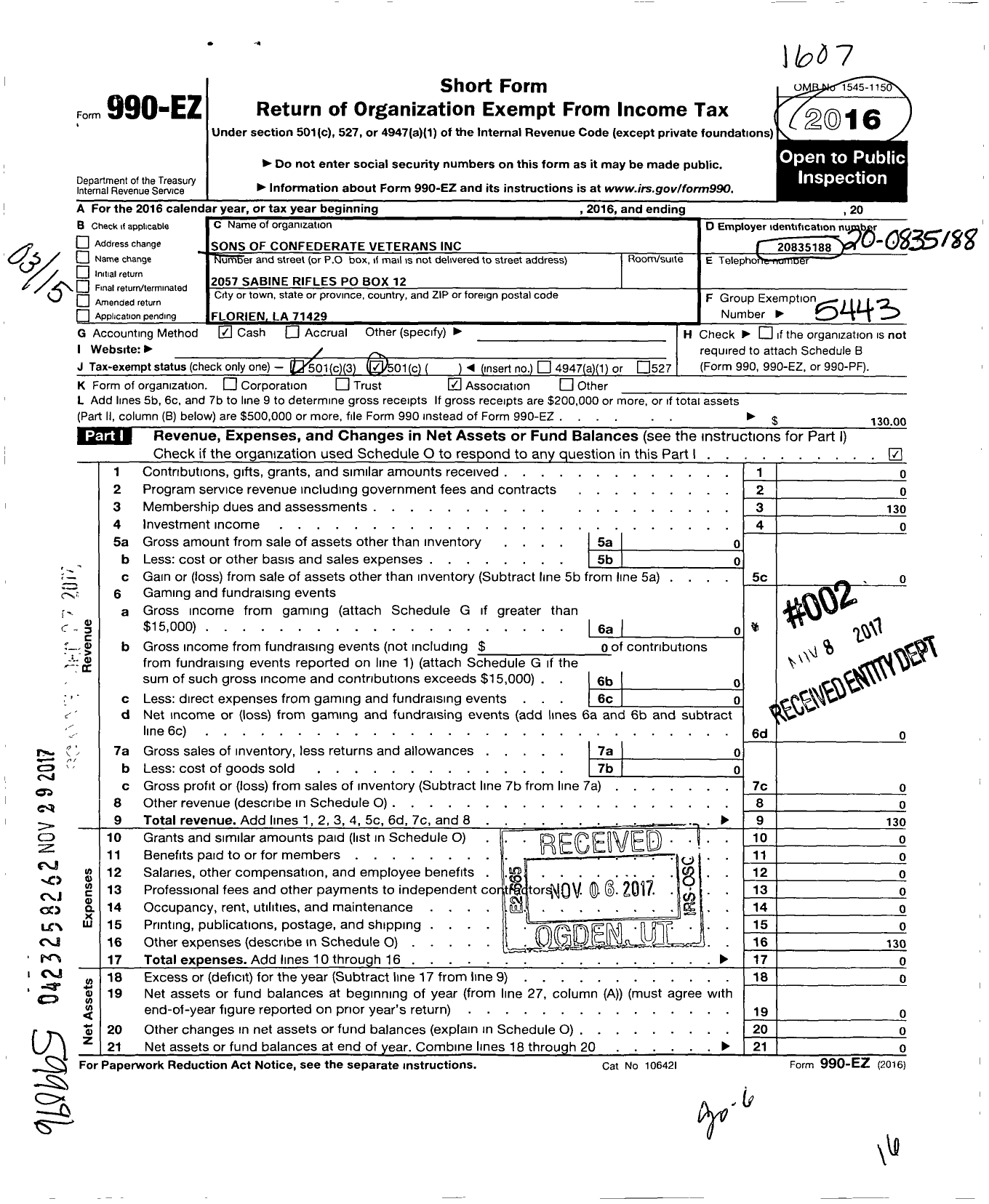 Image of first page of 2015 Form 990EZ for Sons of Confederate Veterans - Sabine Rifles Camp 2057