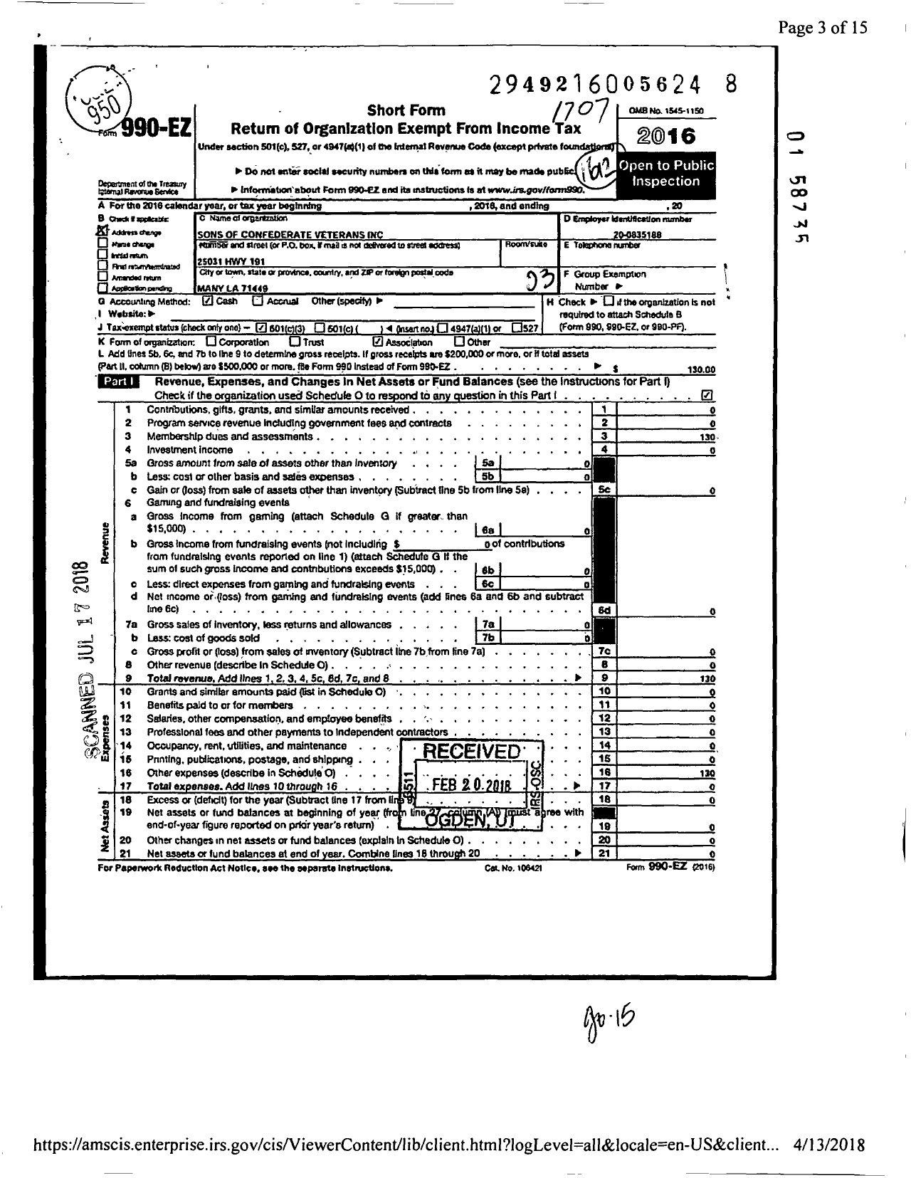 Image of first page of 2016 Form 990EZ for Sons of Confederate Veterans - Sabine Rifles Camp 2057