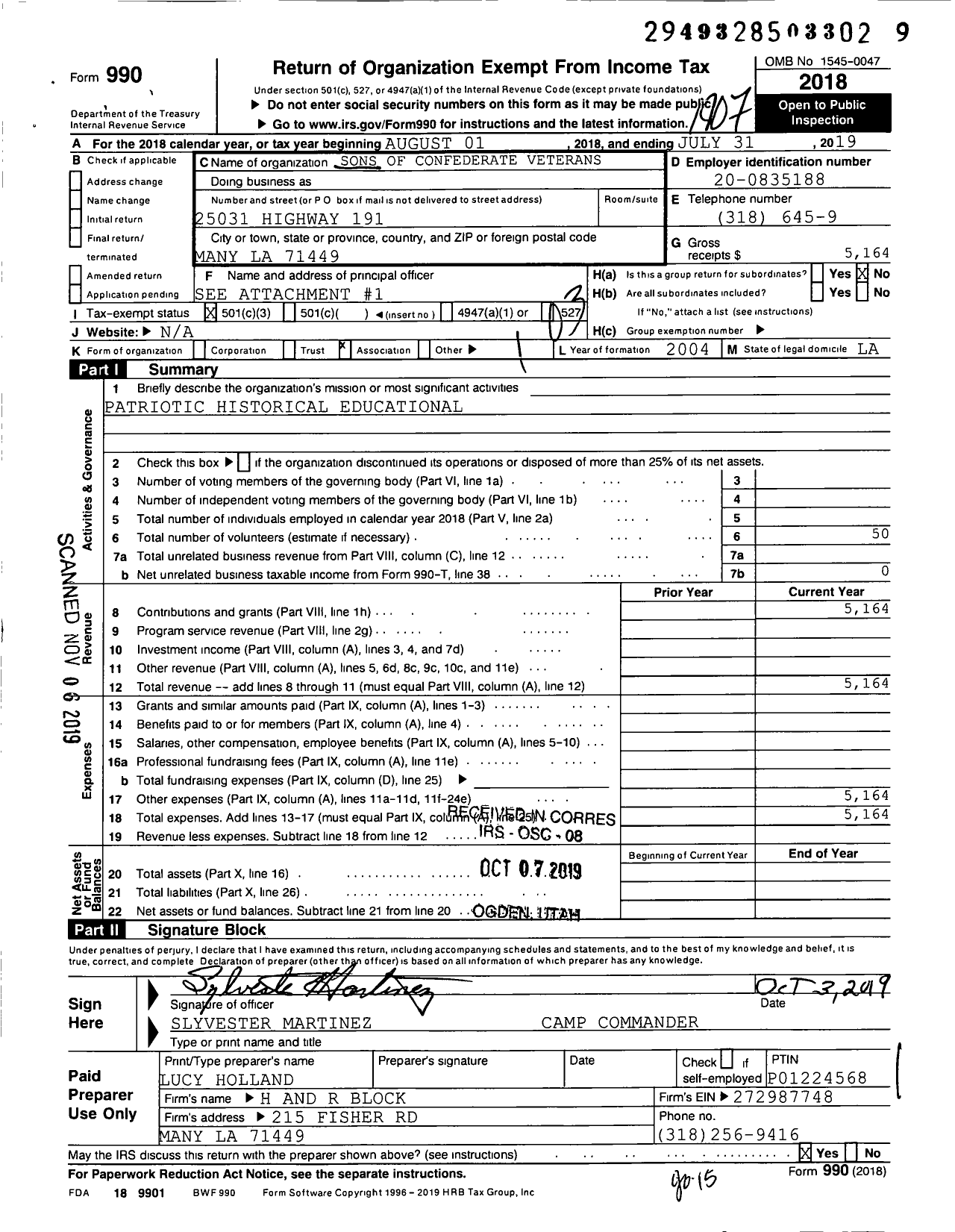 Image of first page of 2018 Form 990 for Sons of Confederate Veterans - Sabine Rifles Camp 2057