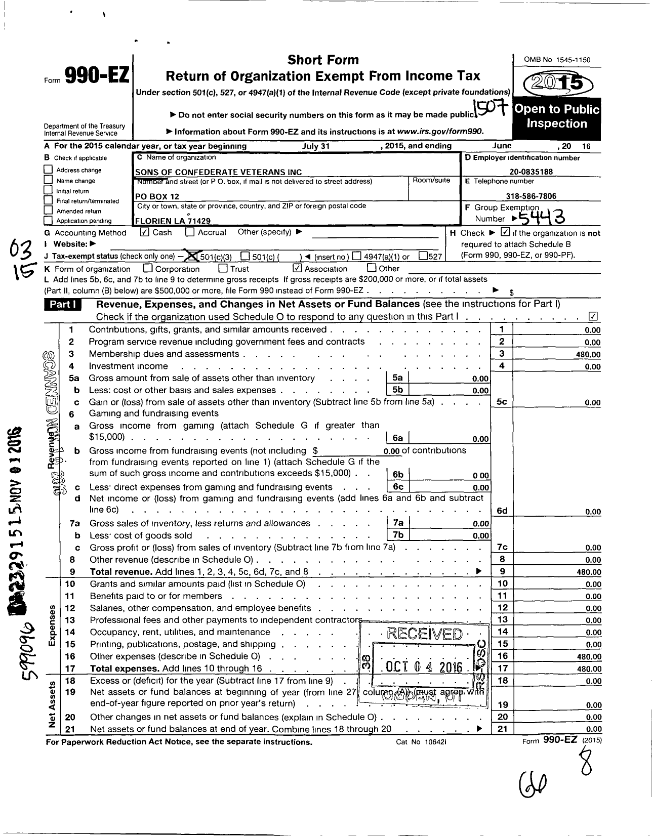 Image of first page of 2015 Form 990EZ for Sons of Confederate Veterans - Sabine Rifles Camp 2057