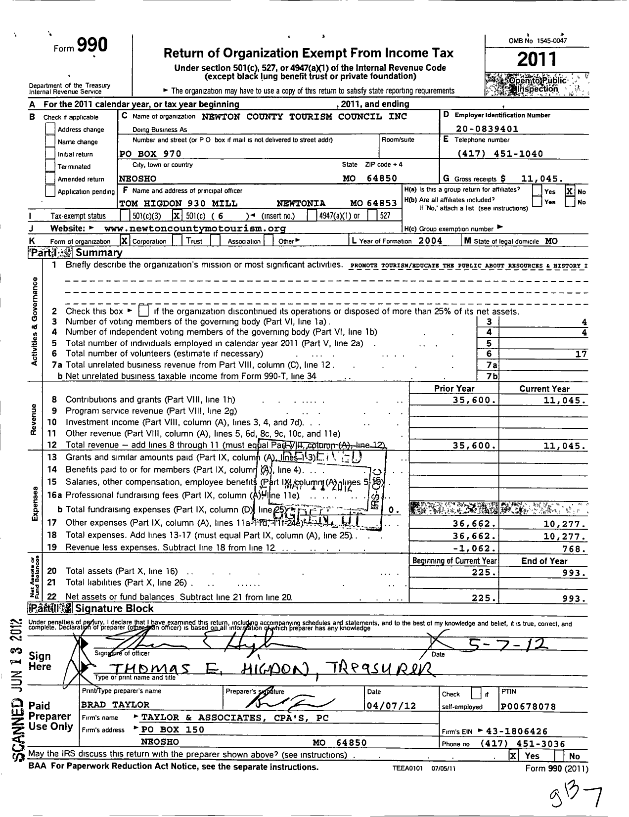 Image of first page of 2011 Form 990O for Newton County Tourism Council