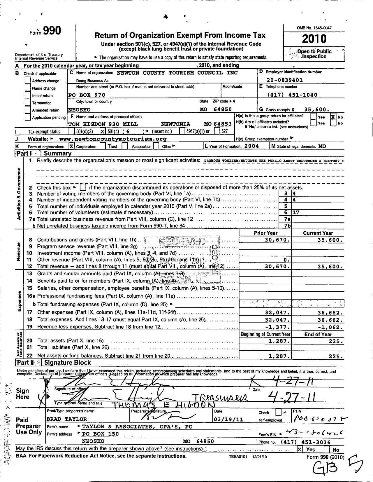 Image of first page of 2010 Form 990O for Newton County Tourism Council