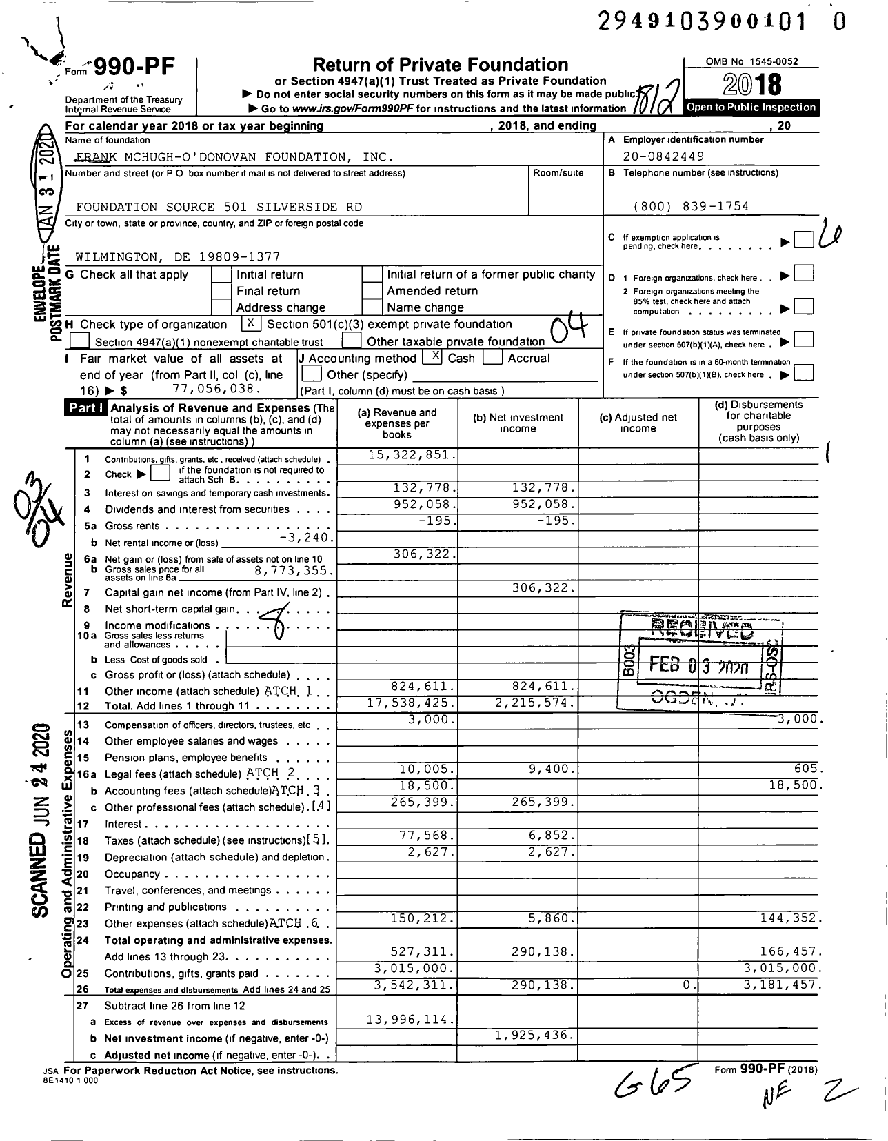 Image of first page of 2018 Form 990PR for Frank Mchugh-Odonovan Foundation