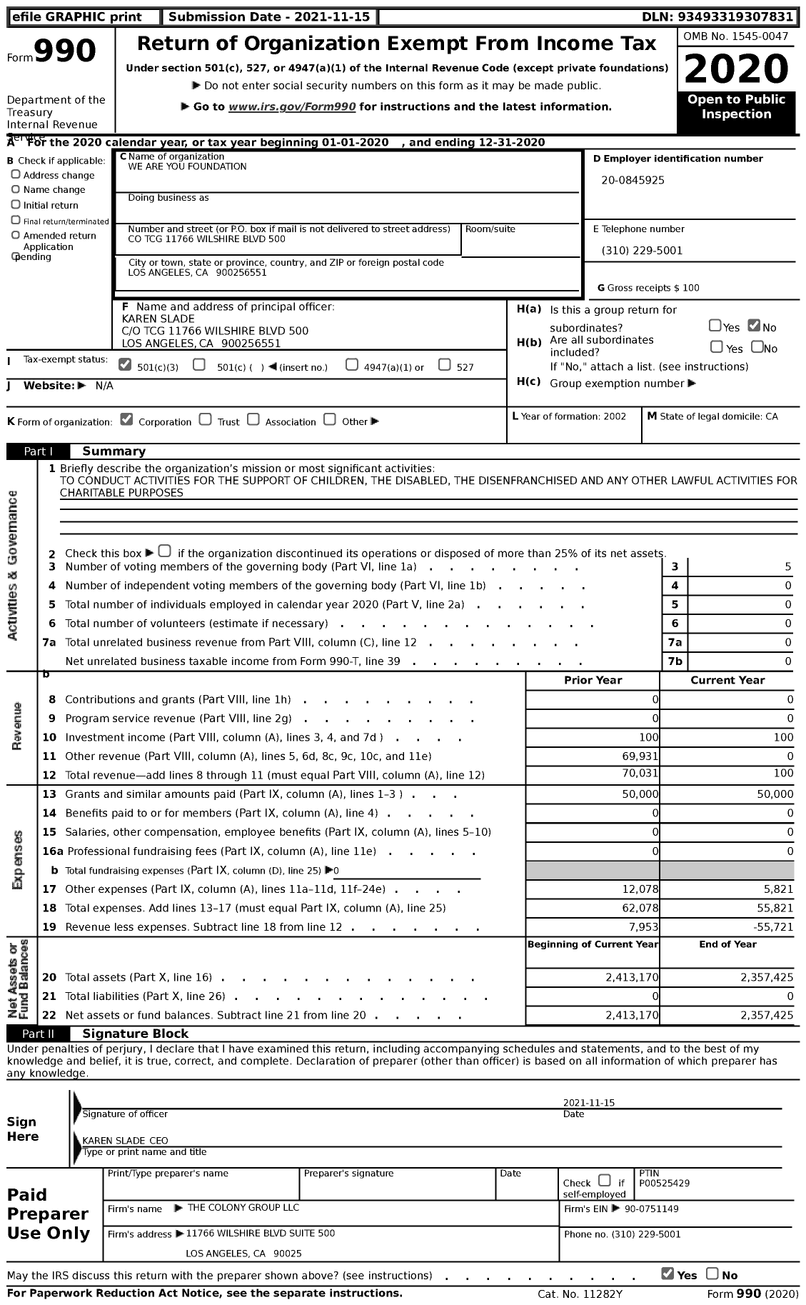 Image of first page of 2020 Form 990 for We Are You Foundation