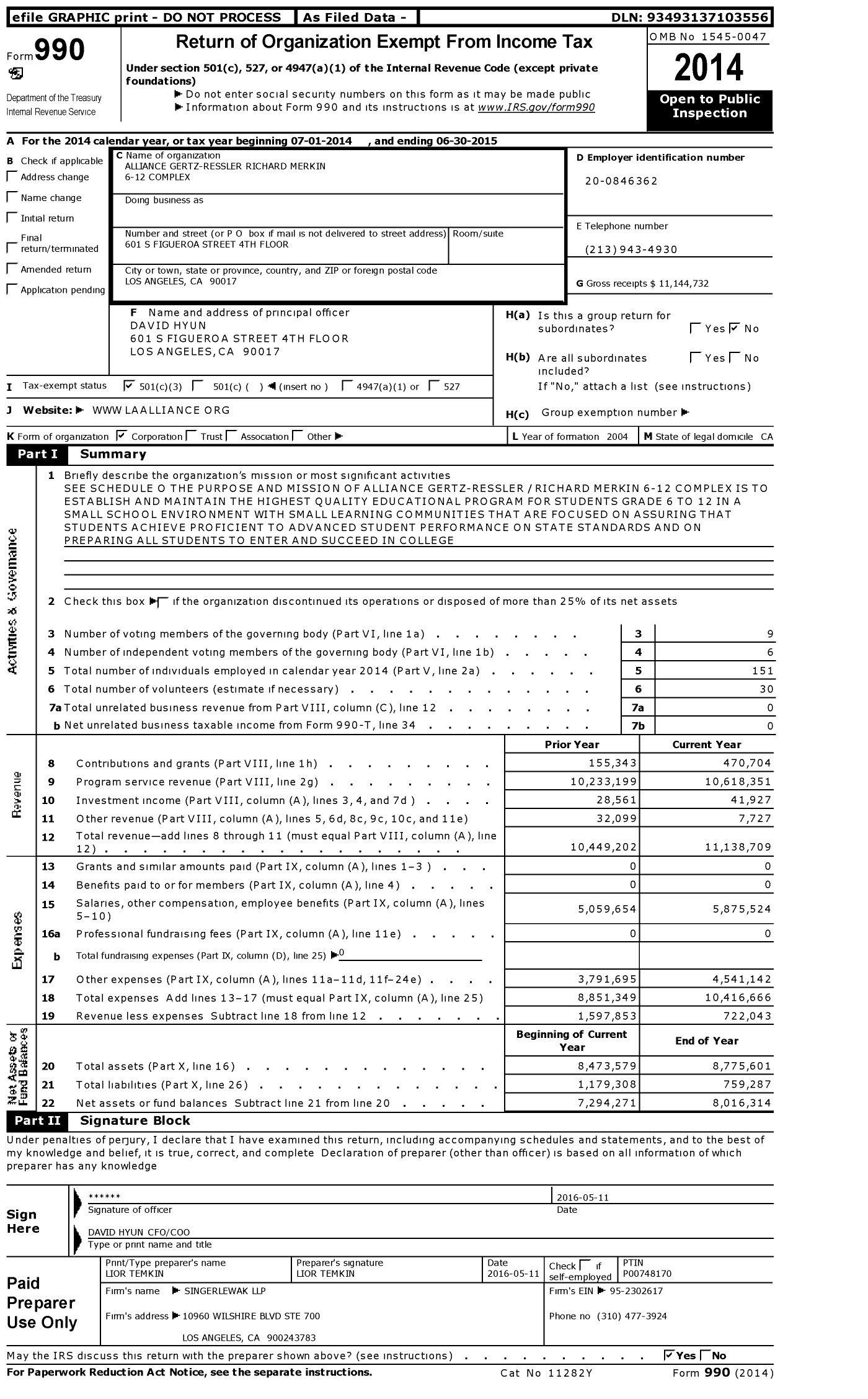 Image of first page of 2014 Form 990 for Alliance Gertz-Ressler Richard Merkin 6-12 Complex