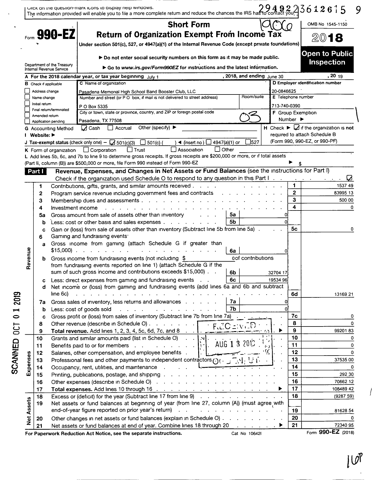 Image of first page of 2018 Form 990EZ for Pasadena Memorial High School Band Booster Club LLC