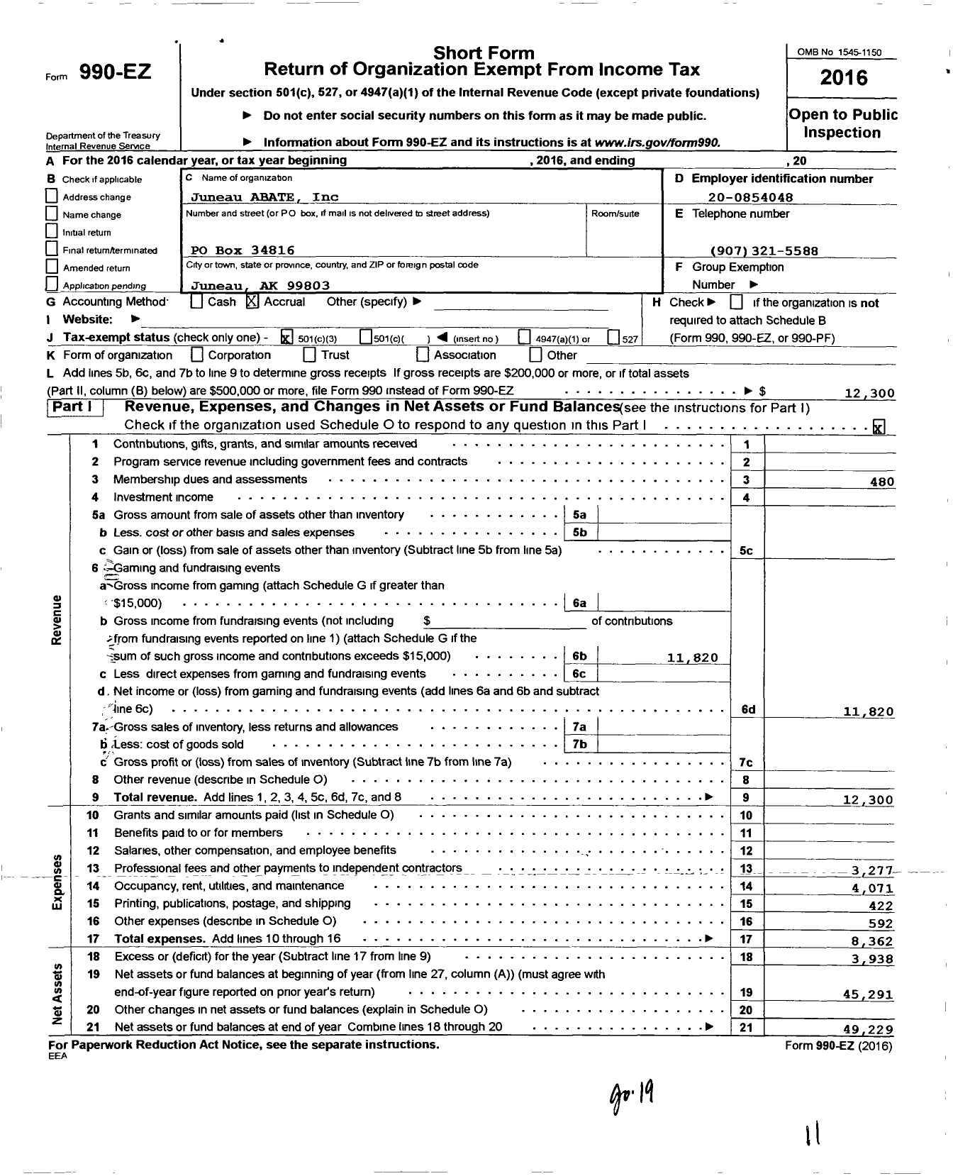 Image of first page of 2016 Form 990EZ for Juneau ABATE