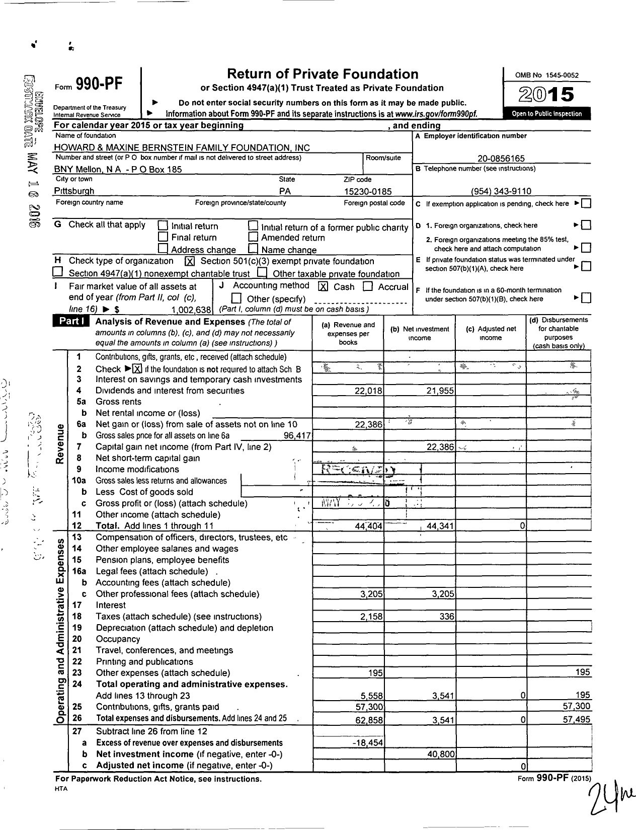 Image of first page of 2015 Form 990PF for Howard and Maxine Bernstein FM Fdn-Ima