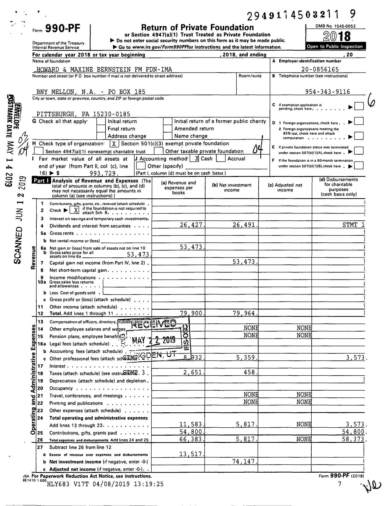 Image of first page of 2018 Form 990PF for Howard and Maxine Bernstein FM Fdn-Ima