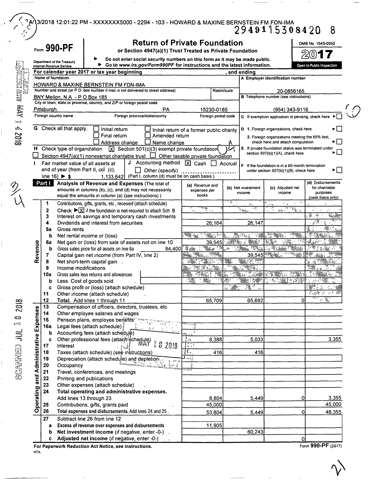 Image of first page of 2017 Form 990PF for Howard and Maxine Bernstein FM Fdn-Ima