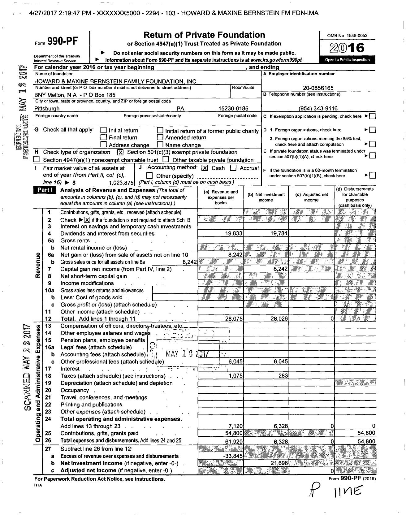 Image of first page of 2016 Form 990PF for Howard and Maxine Bernstein FM Fdn-Ima