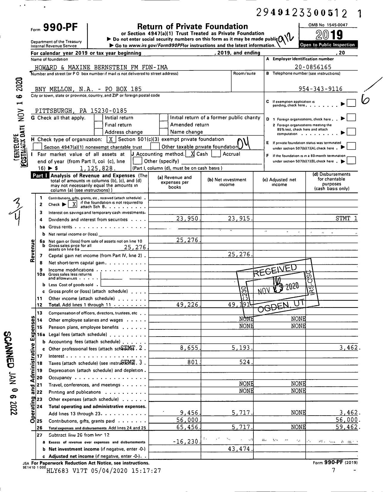 Image of first page of 2019 Form 990PF for Howard and Maxine Bernstein FM Fdn-Ima