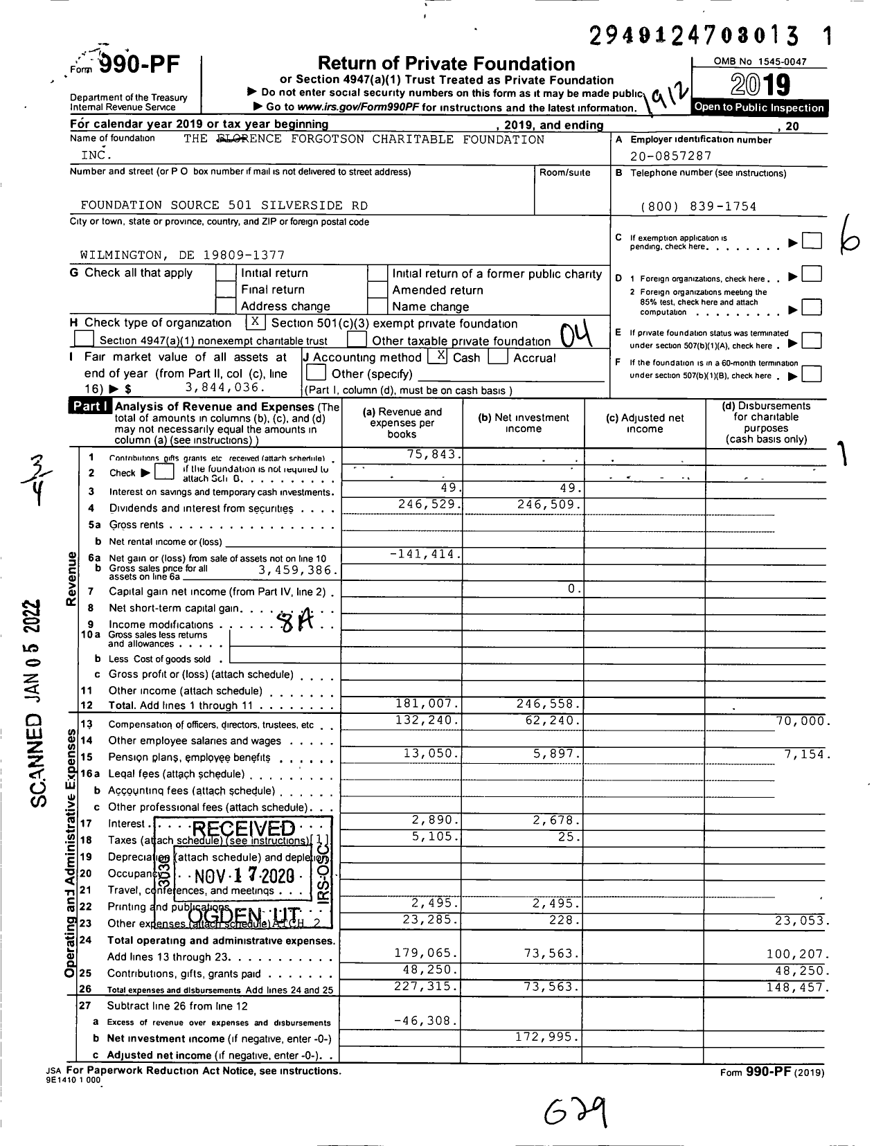 Image of first page of 2019 Form 990PF for The Florence Forgotson Charitable Foundation