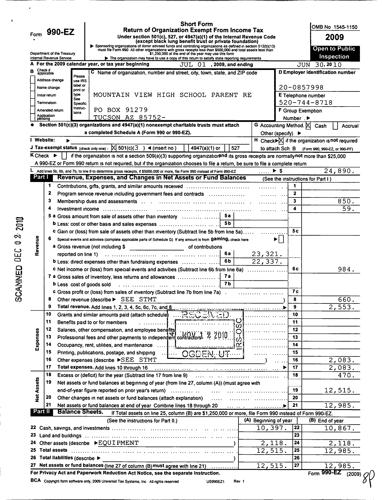 Image of first page of 2009 Form 990EZ for Mountain View High School Parent Resource Organization