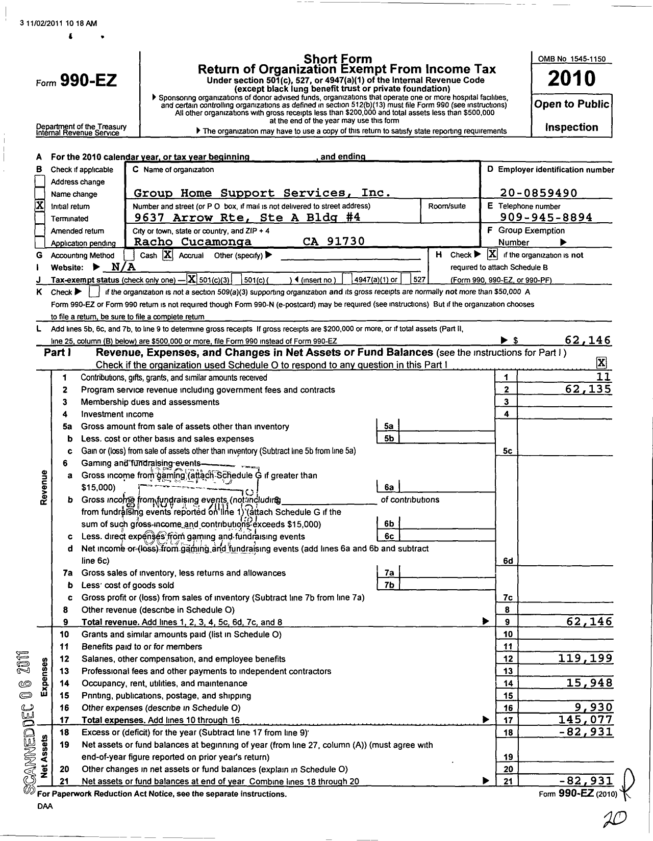 Image of first page of 2010 Form 990EZ for Group Home Support Services