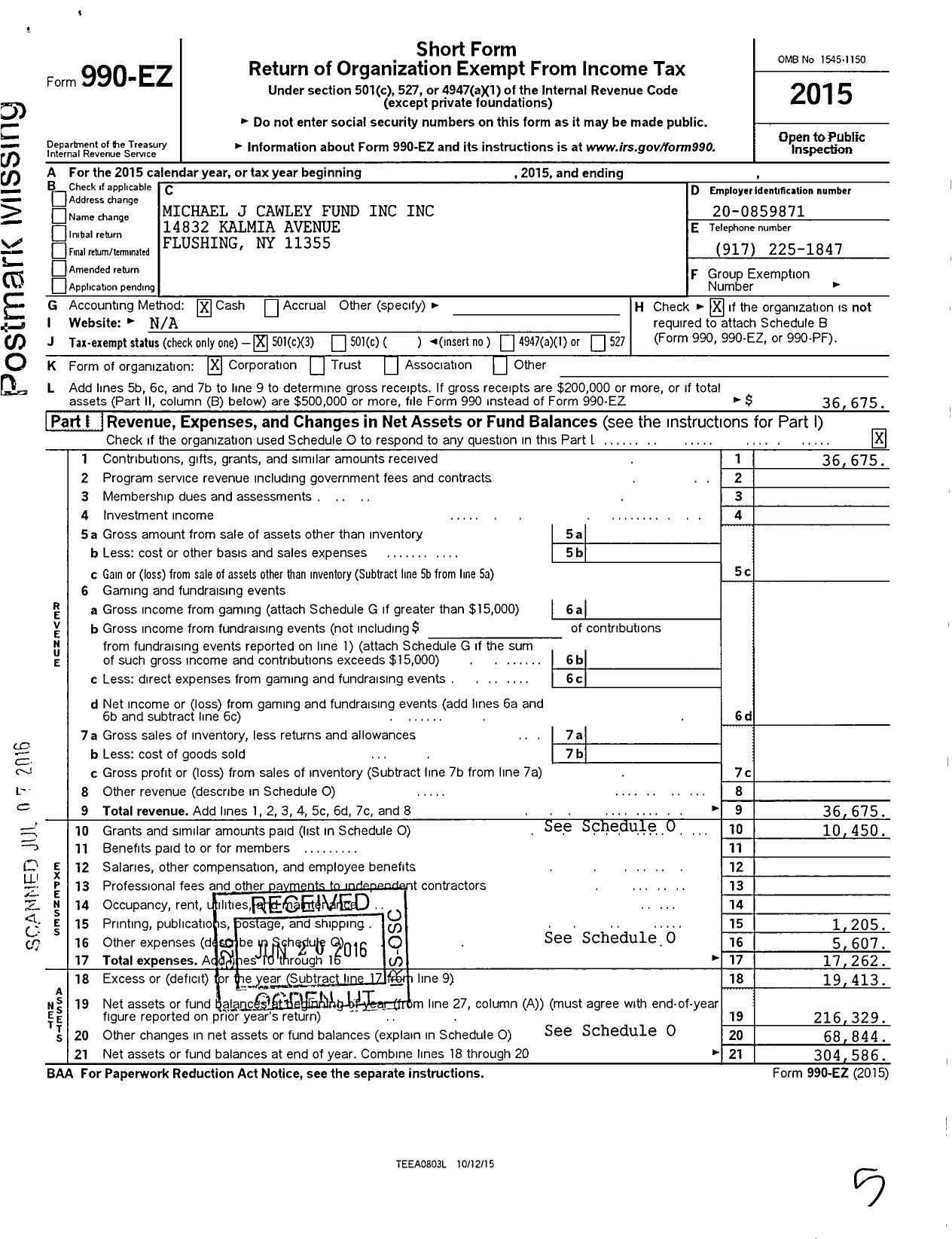 Image of first page of 2015 Form 990EZ for Michael J Cawley Memorial Fund