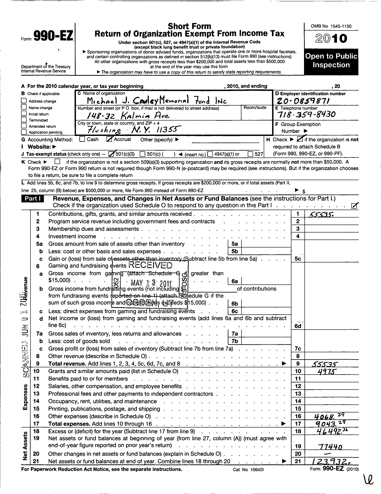 Image of first page of 2010 Form 990EZ for Michael J Cawley Memorial Fund