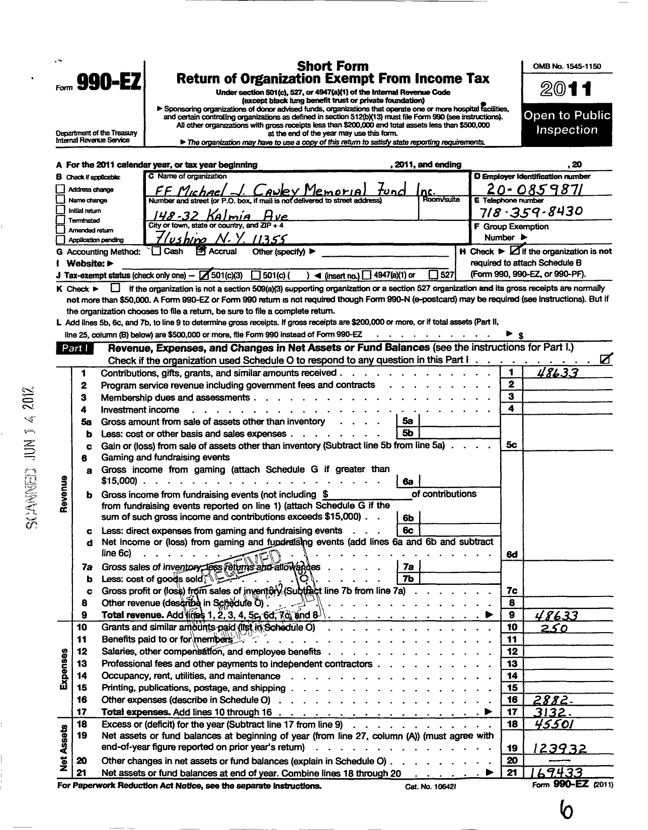 Image of first page of 2011 Form 990EZ for Michael J Cawley Memorial Fund