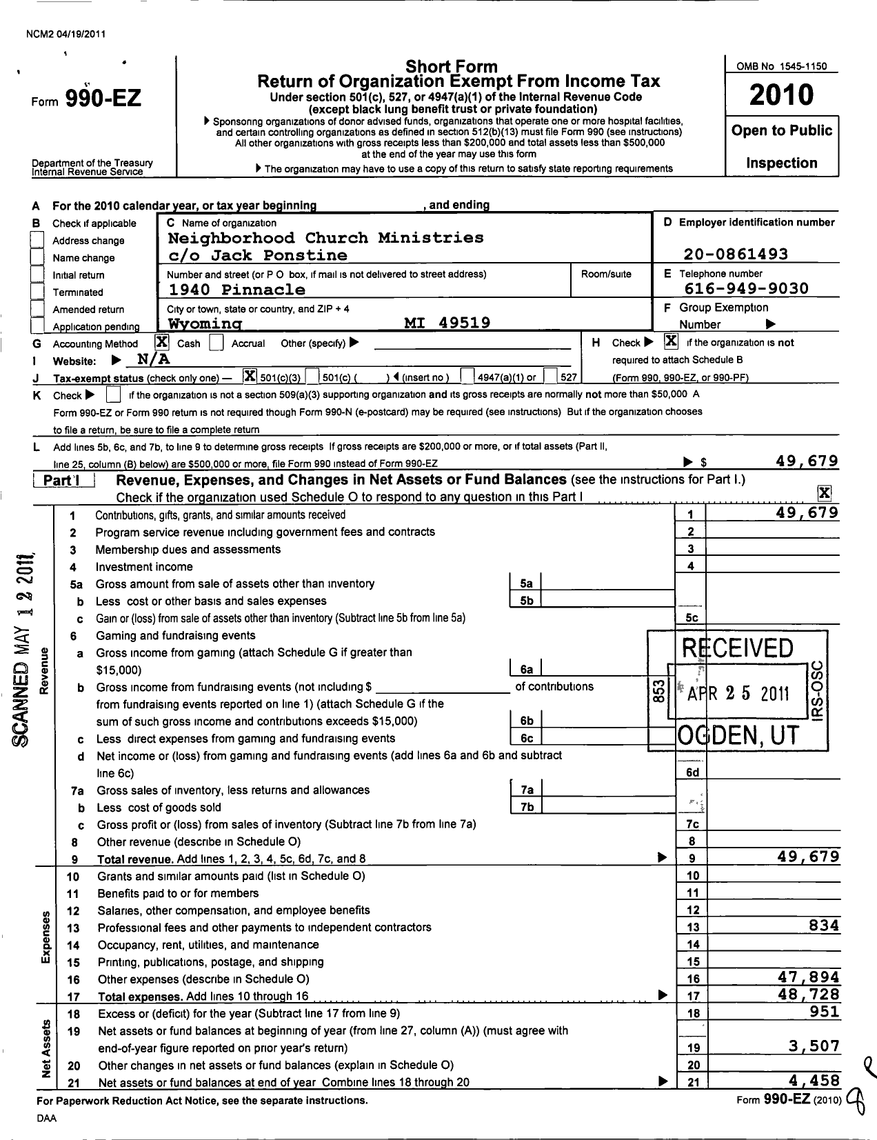 Image of first page of 2010 Form 990EZ for Neighborhood Church Ministries