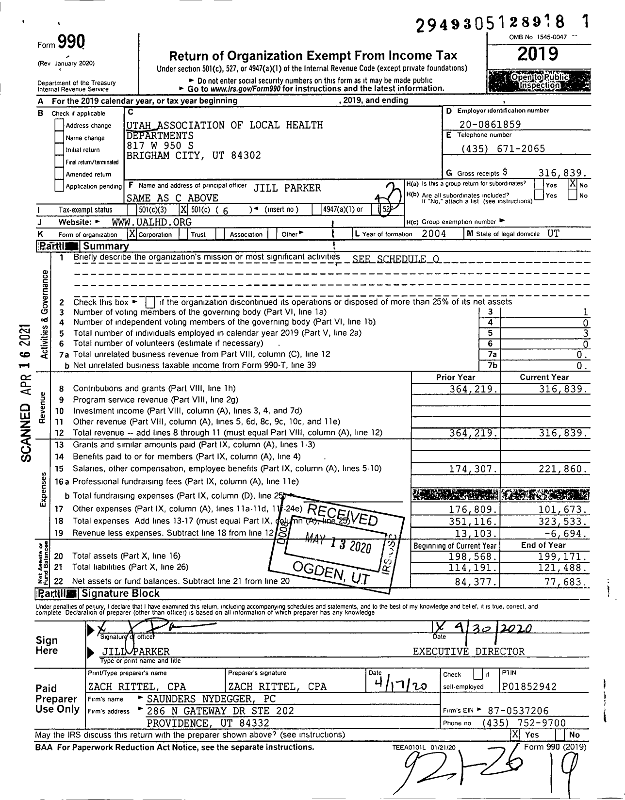 Image of first page of 2019 Form 990 for Utah Association of Local Health Departments