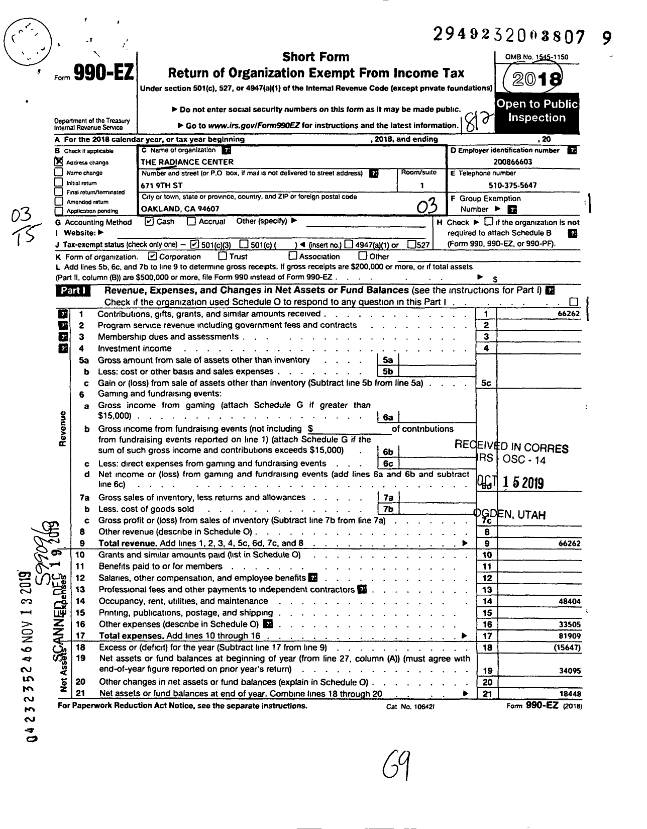 Image of first page of 2018 Form 990EZ for The Radiance Center