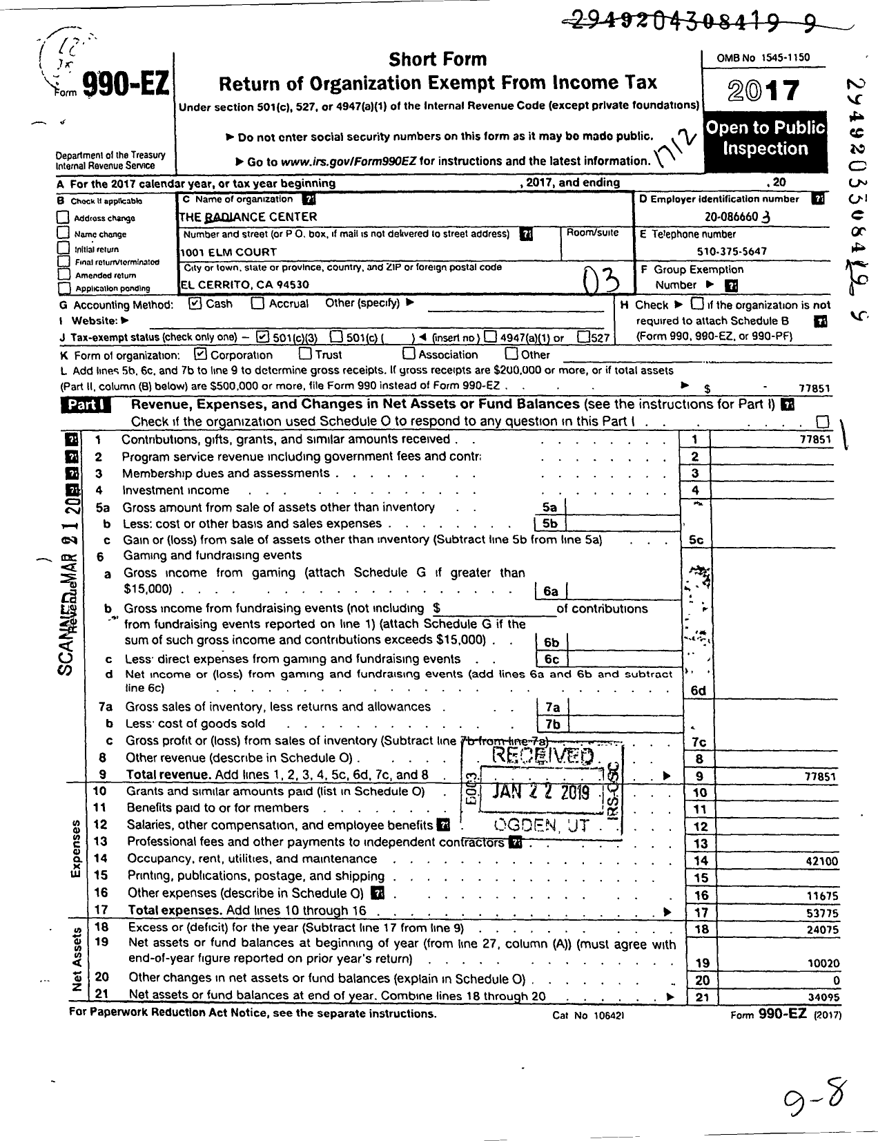 Image of first page of 2017 Form 990EZ for The Radiance Center