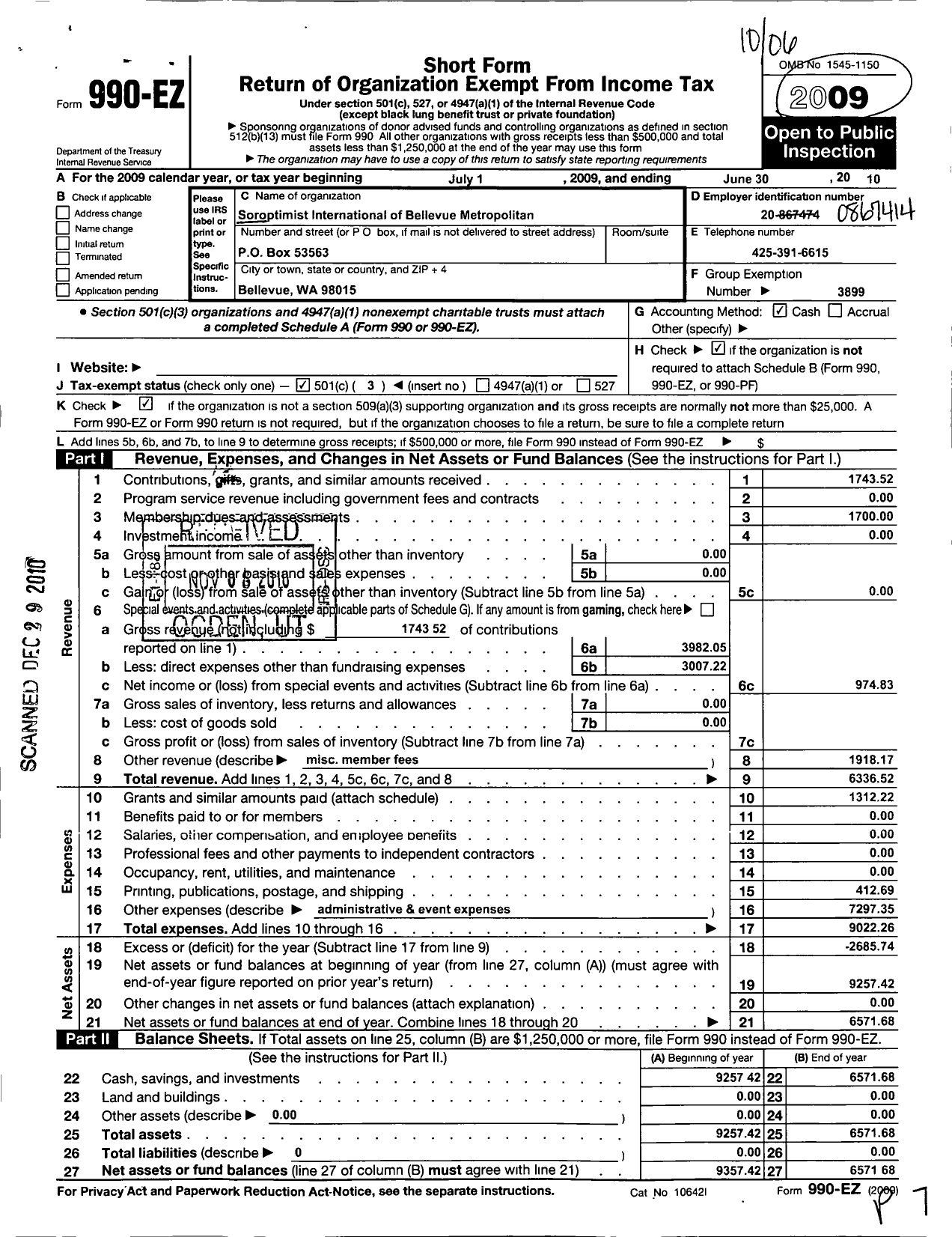 Image of first page of 2009 Form 990EZ for Soroptimist International of the Americas - 111153 Bellevue Metropolitan Wa