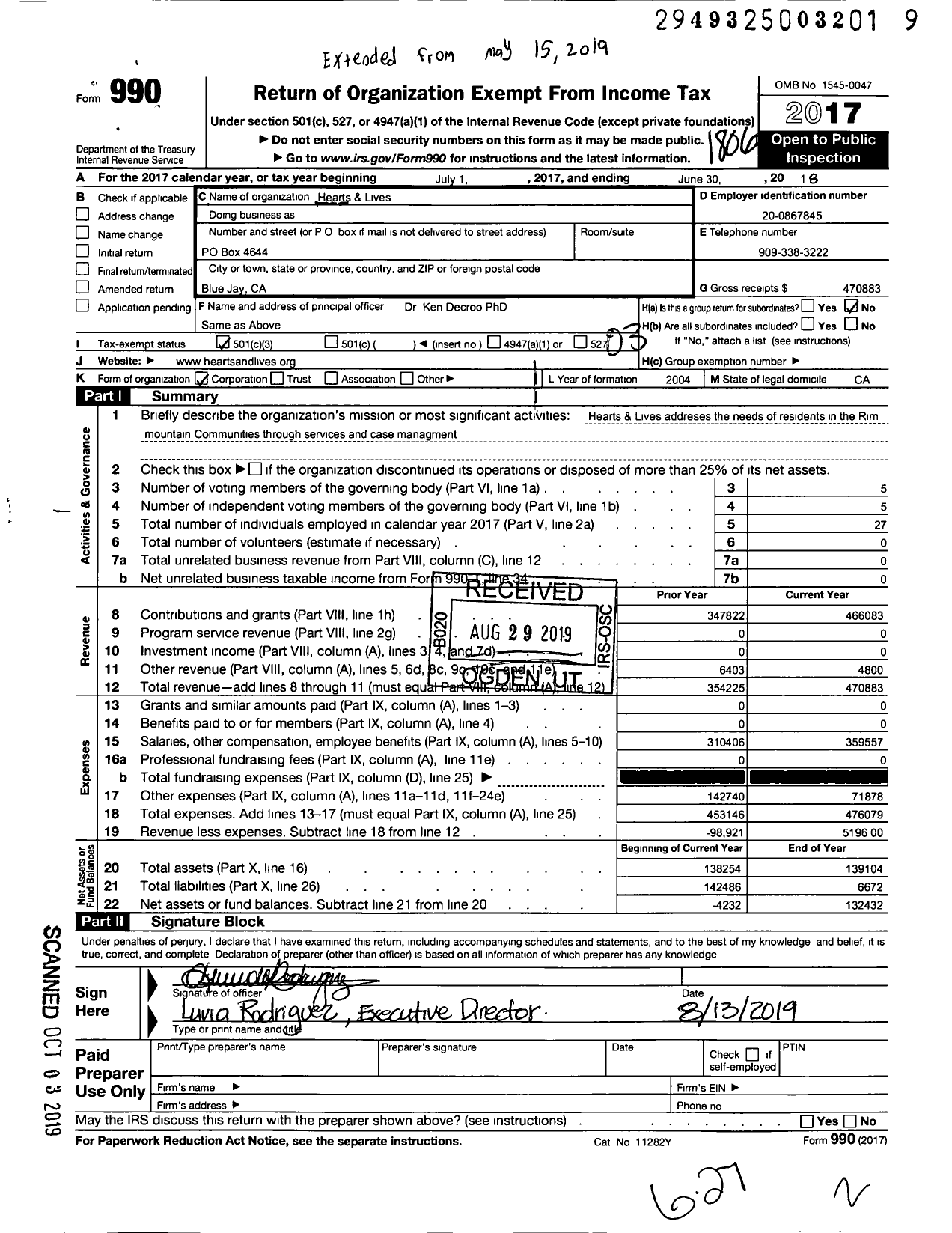 Image of first page of 2017 Form 990 for Hearts and Lives