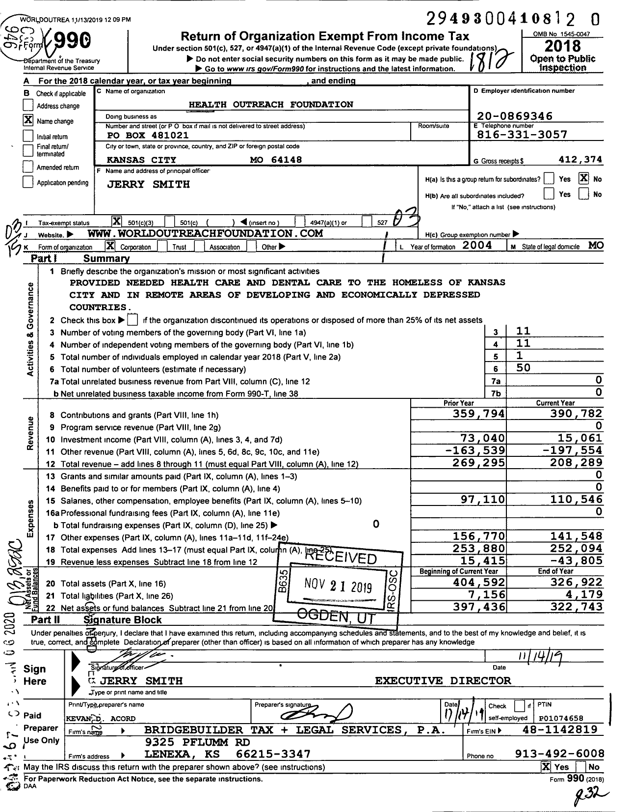 Image of first page of 2018 Form 990 for Health Outreach Foundation