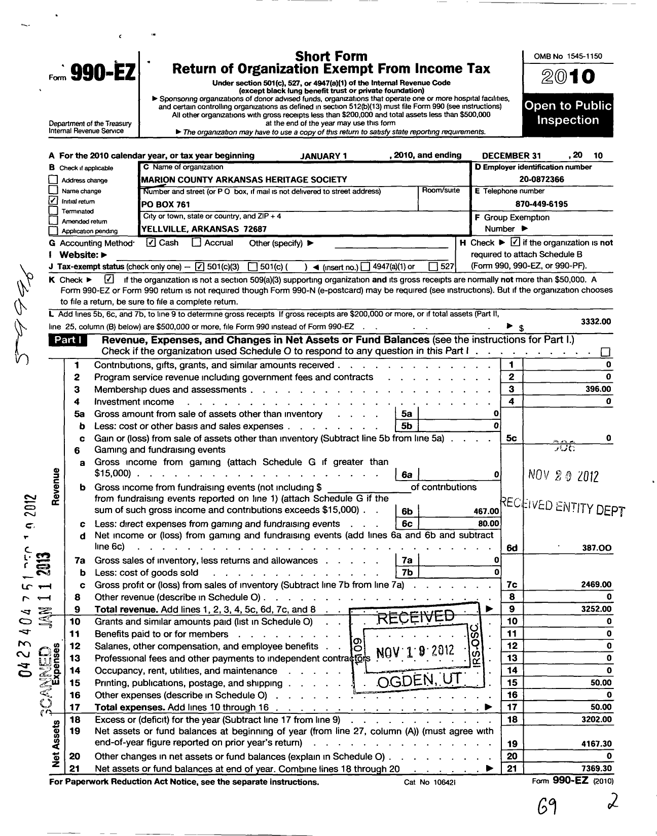 Image of first page of 2010 Form 990EZ for Marion County Arkansas Heritage Society