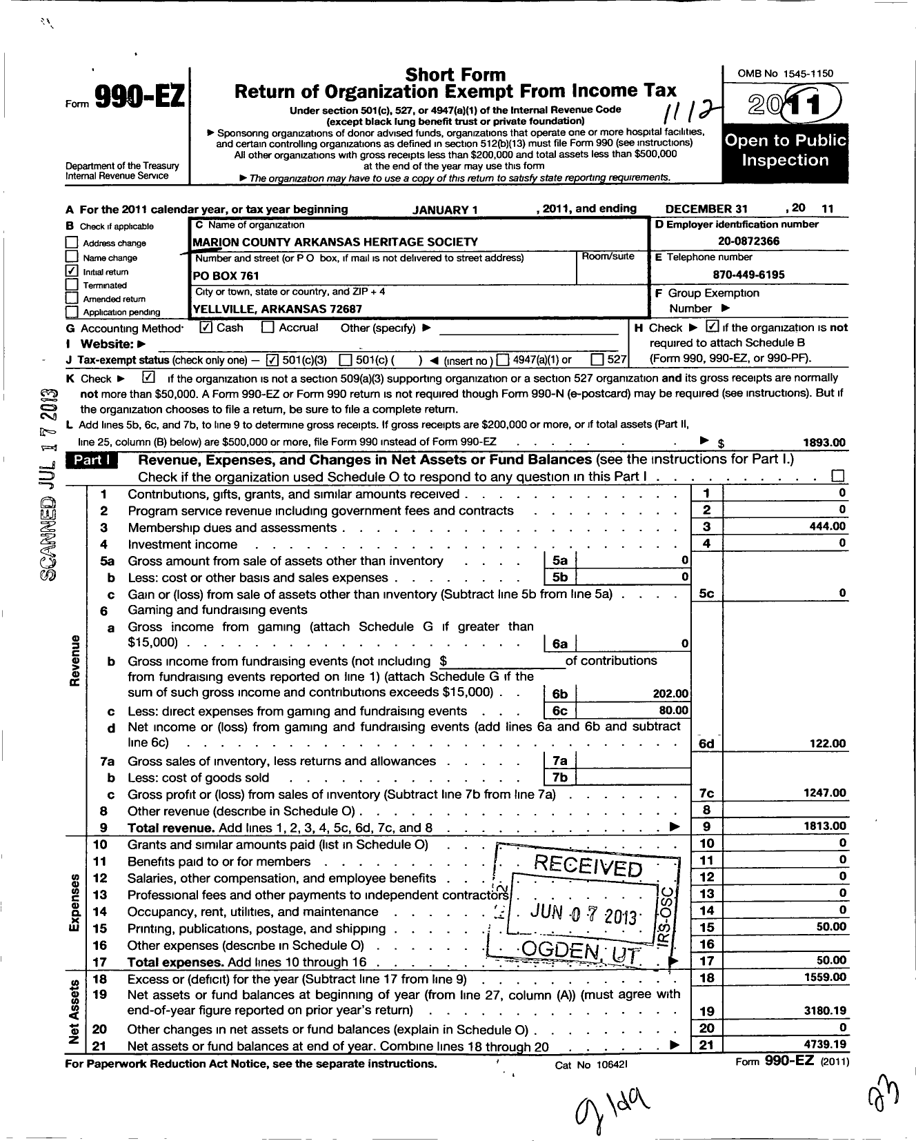 Image of first page of 2011 Form 990EZ for Marion County Arkansas Heritage Society