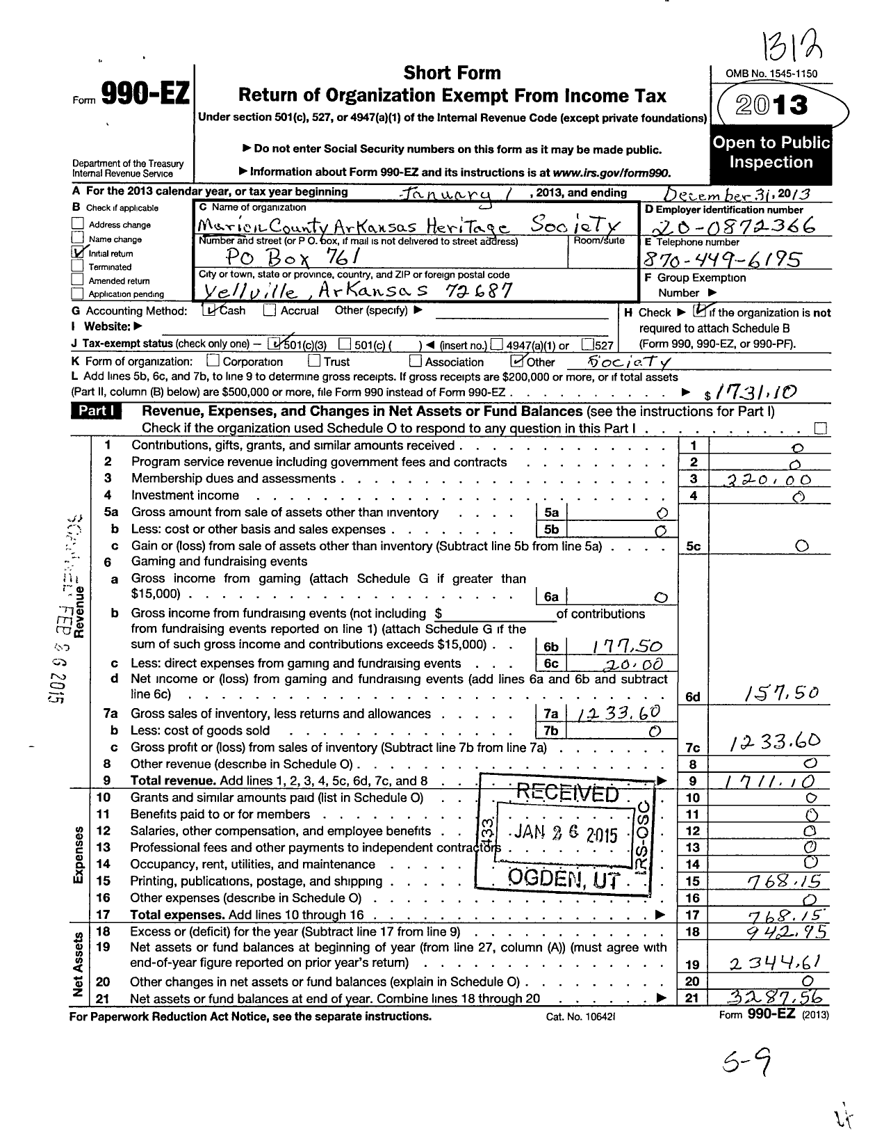 Image of first page of 2013 Form 990EZ for Marion County Arkansas Heritage Society