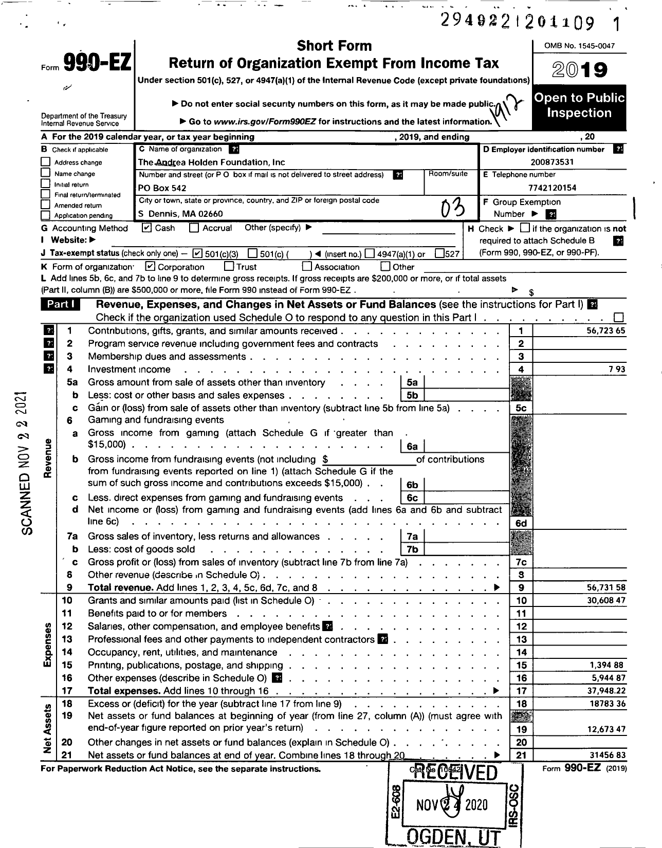 Image of first page of 2019 Form 990EZ for Andrea Holden Foundation