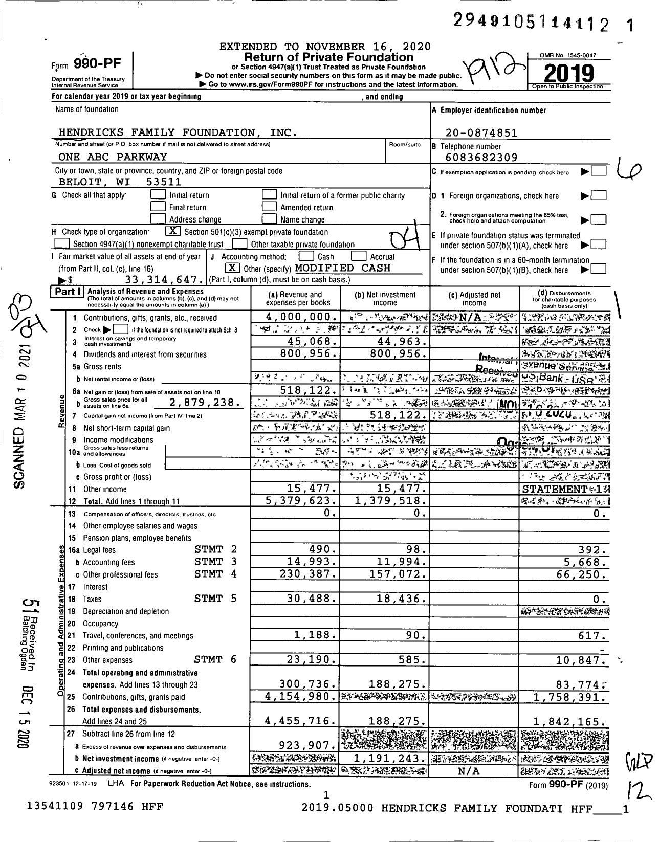 Image of first page of 2019 Form 990PF for Hendricks Family Foundation / Gary G Grabowski