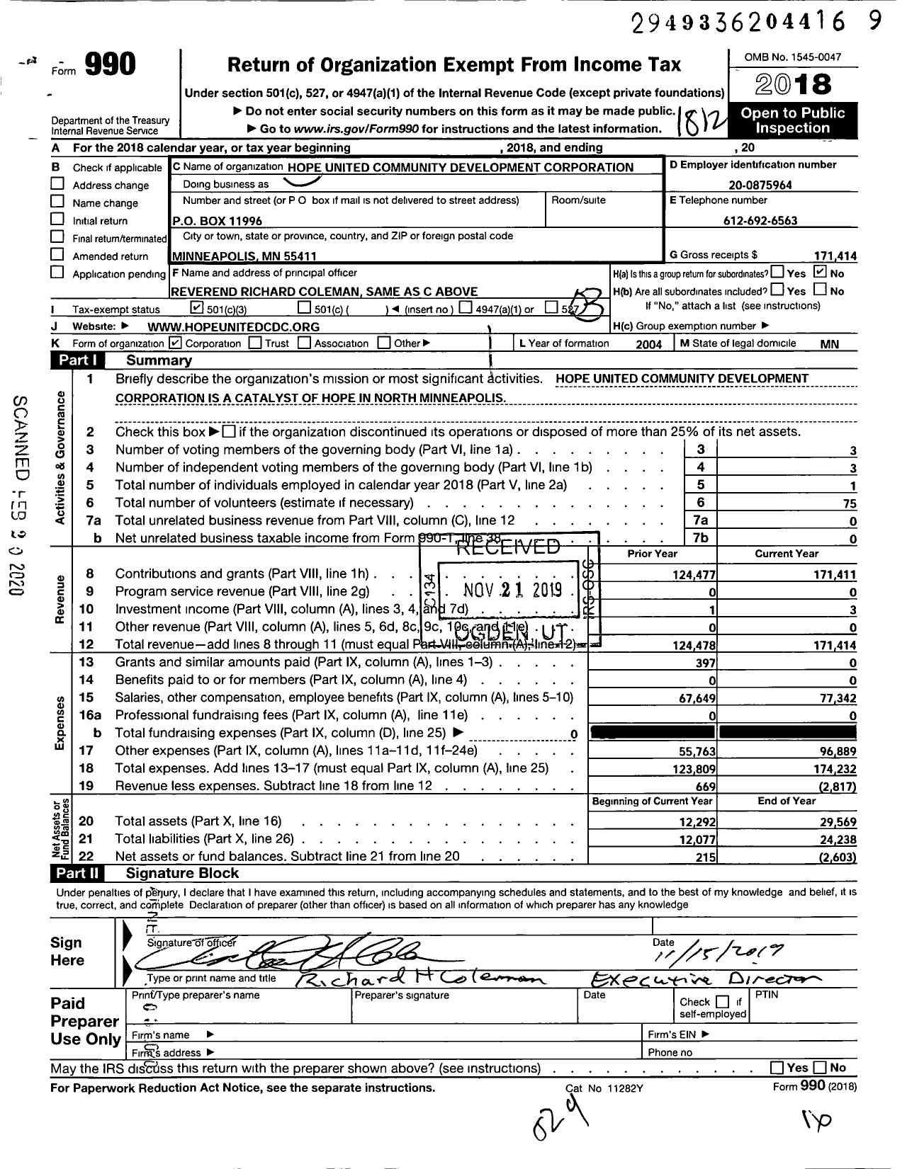 Image of first page of 2018 Form 990 for Hope United Community Development Corporation