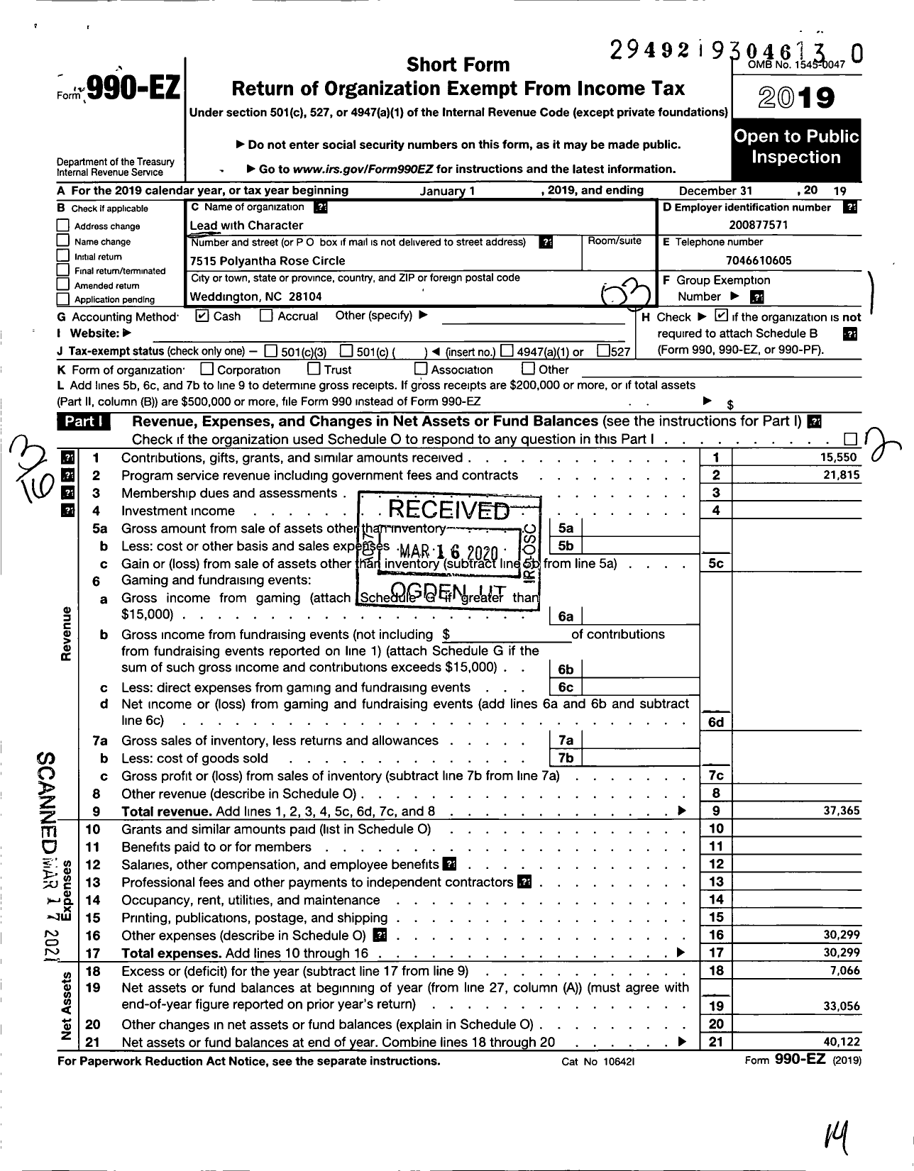 Image of first page of 2019 Form 990EZ for Lead With Character